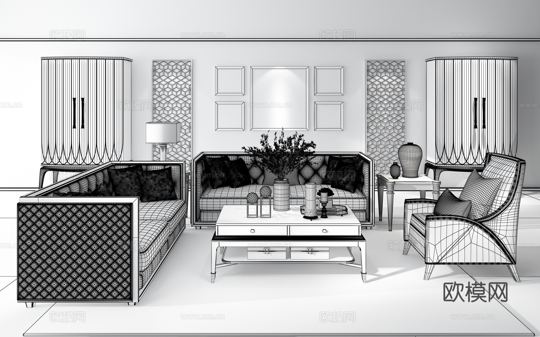 现代沙发茶几组合 挂画 橱柜 台灯 边几 摆件3d模型下载（渲染图2）