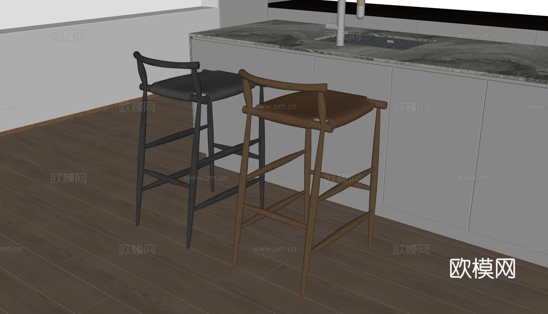 Baxter现代吧椅 皮革椅子 休闲椅su模型