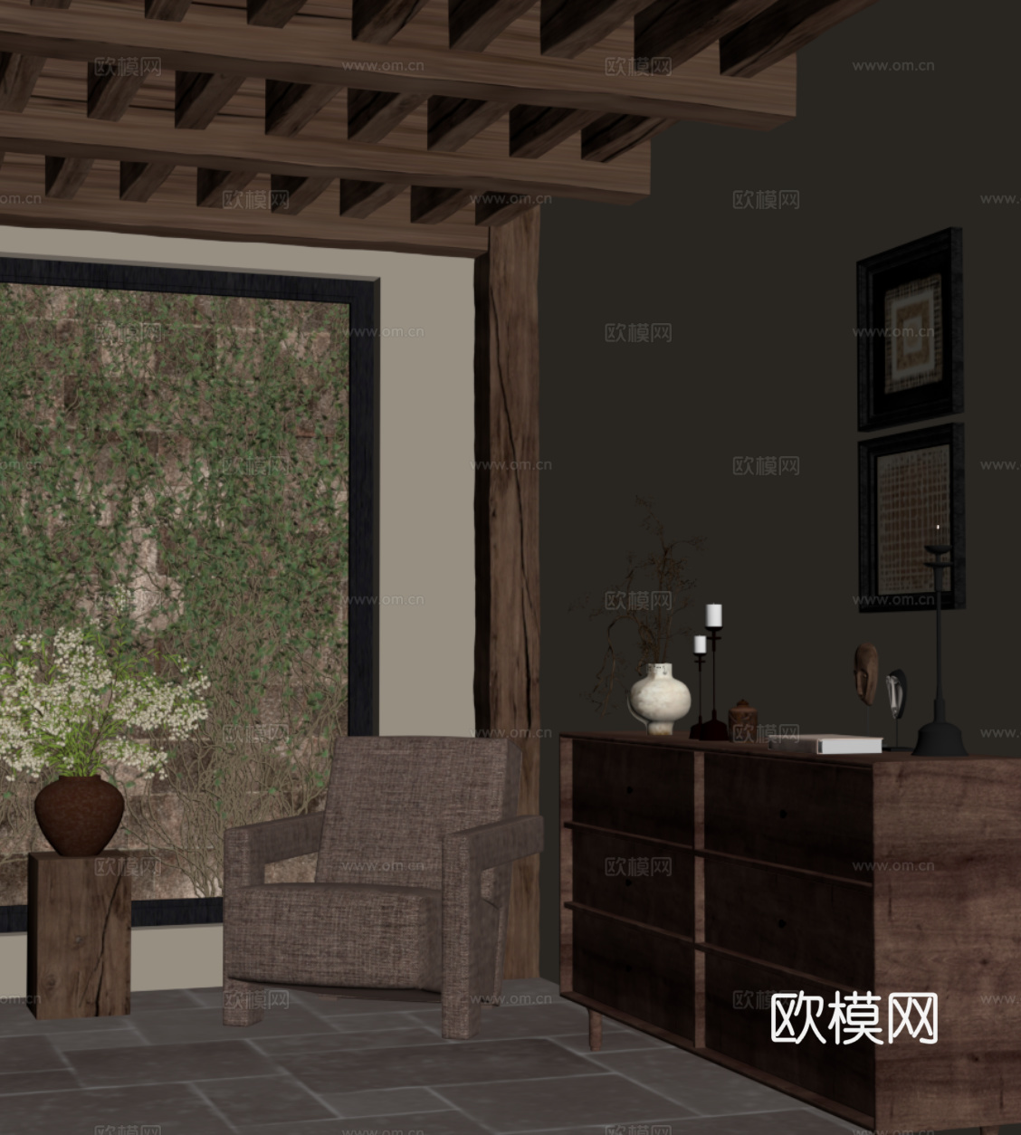 中古风边柜 单人沙发 休闲椅su模型