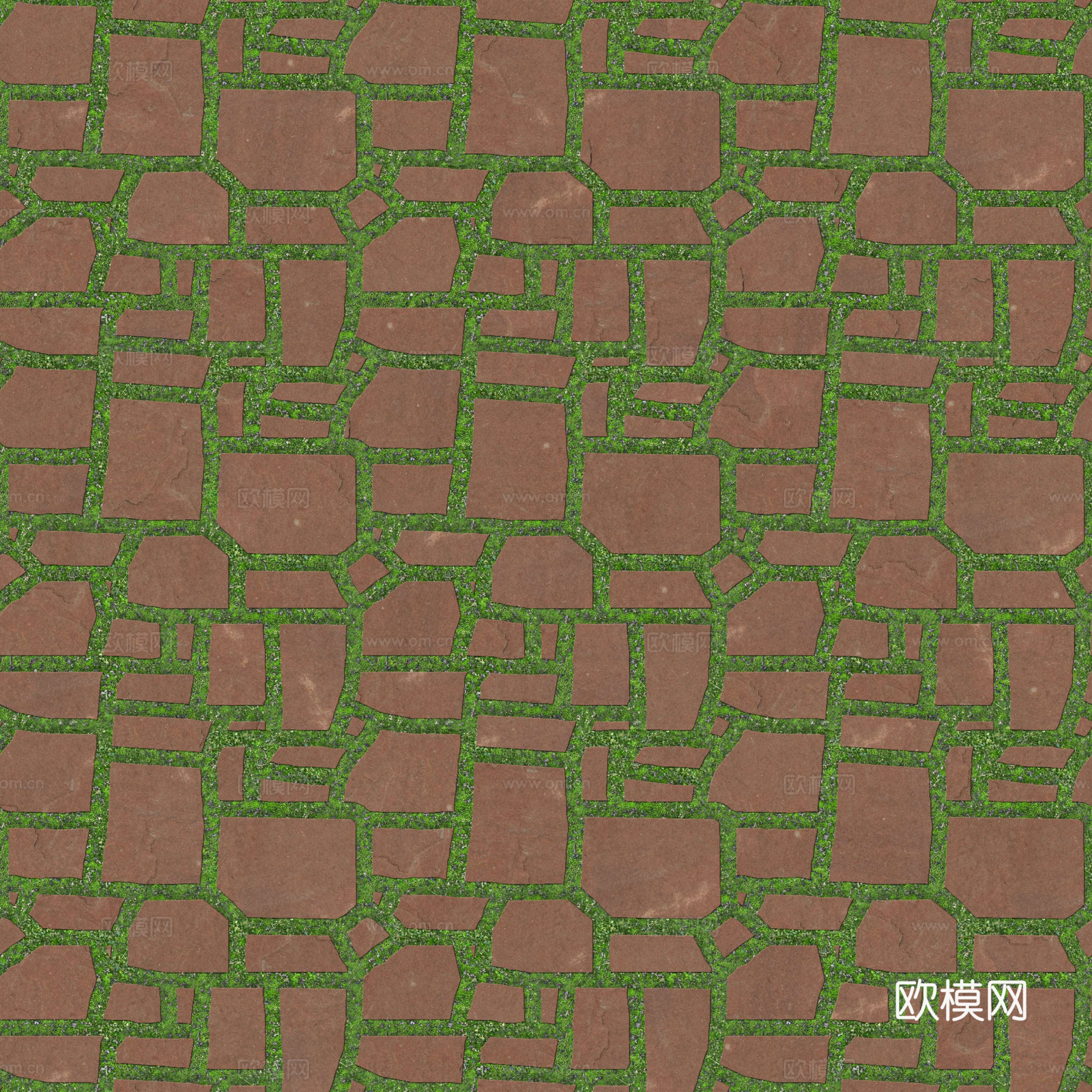 红色砂岩多边形石材嵌草铺地006