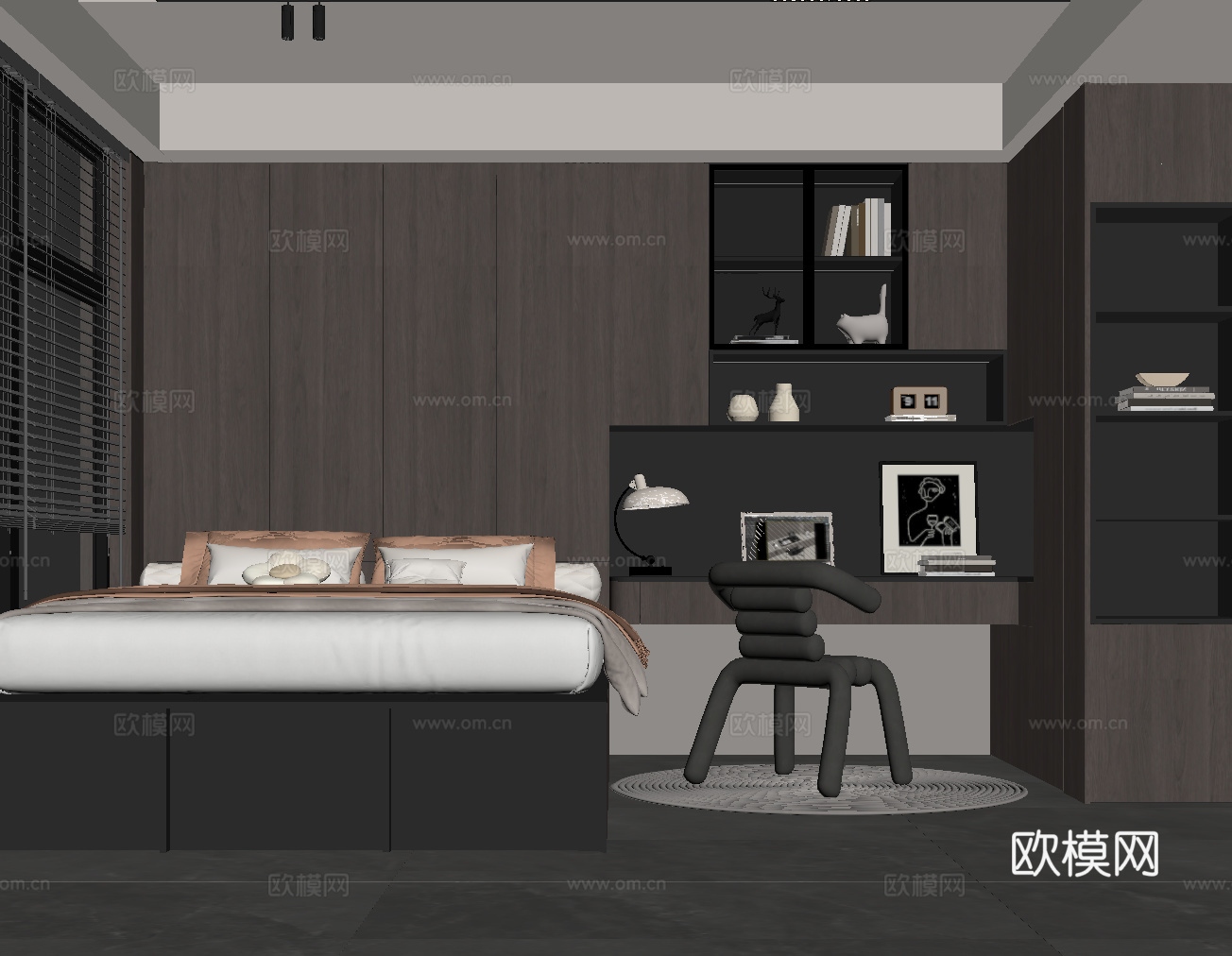 现代意式榻榻米 双人床 衣柜su模型