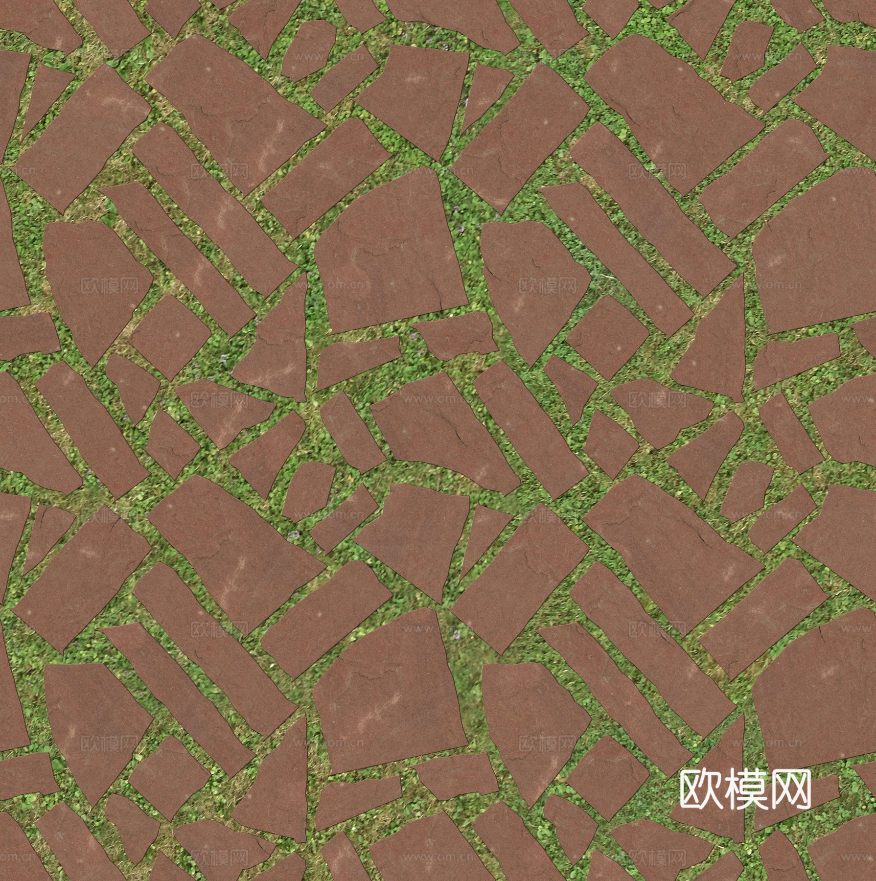 红色砂岩多边形石材嵌草铺地011