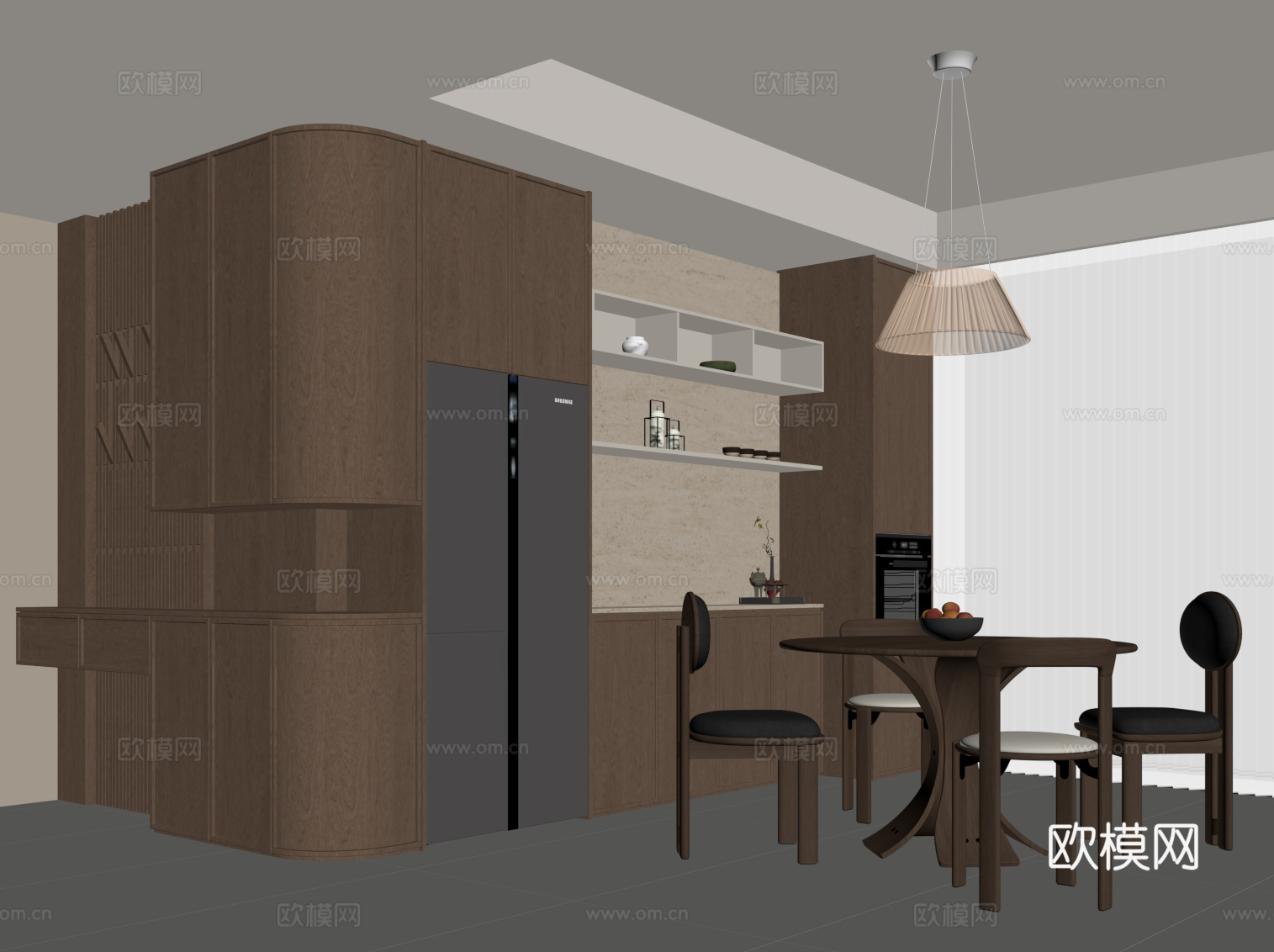 中古风餐厅 餐桌椅 酒柜su模型
