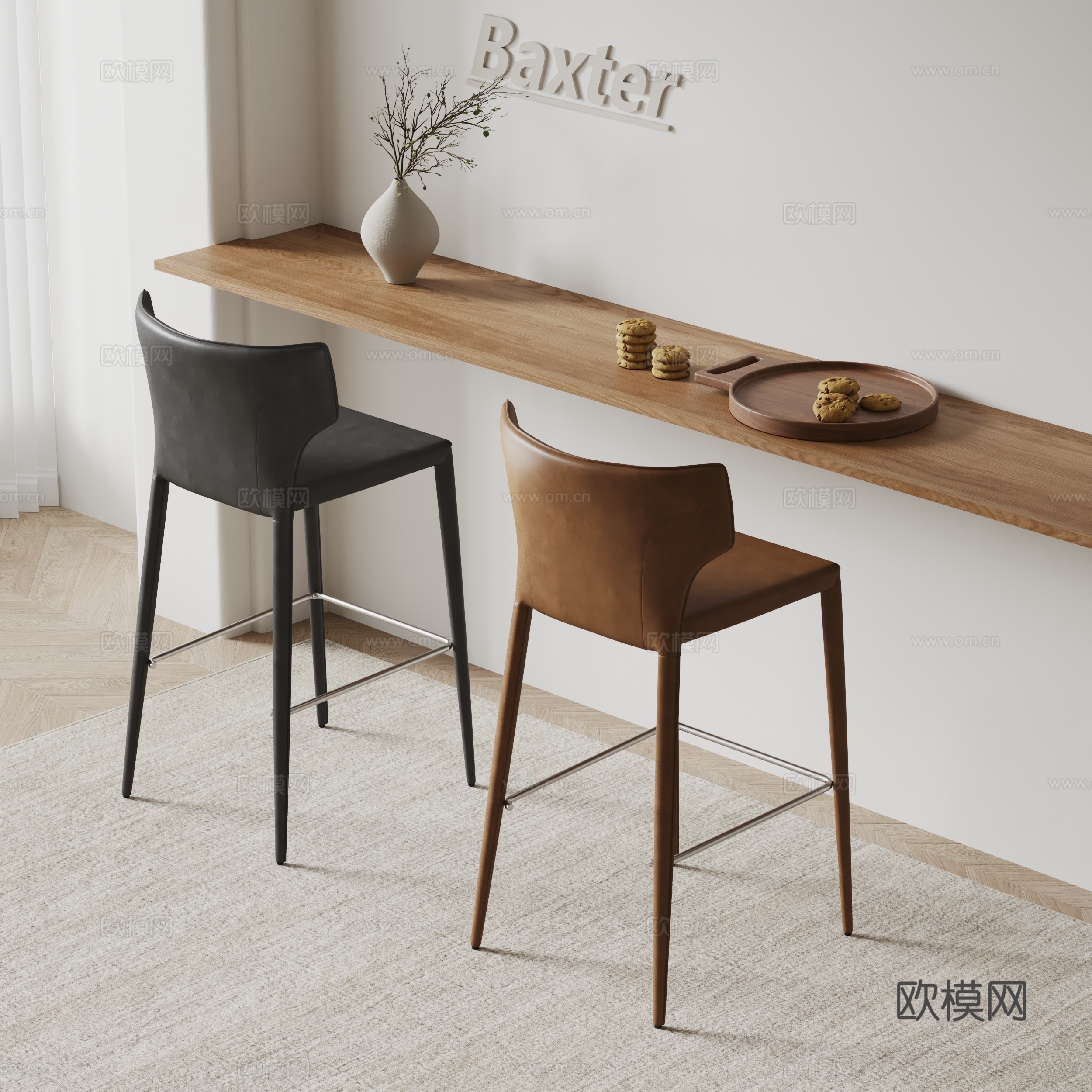 Baxter现代吧椅 皮革椅子 休闲椅su模型