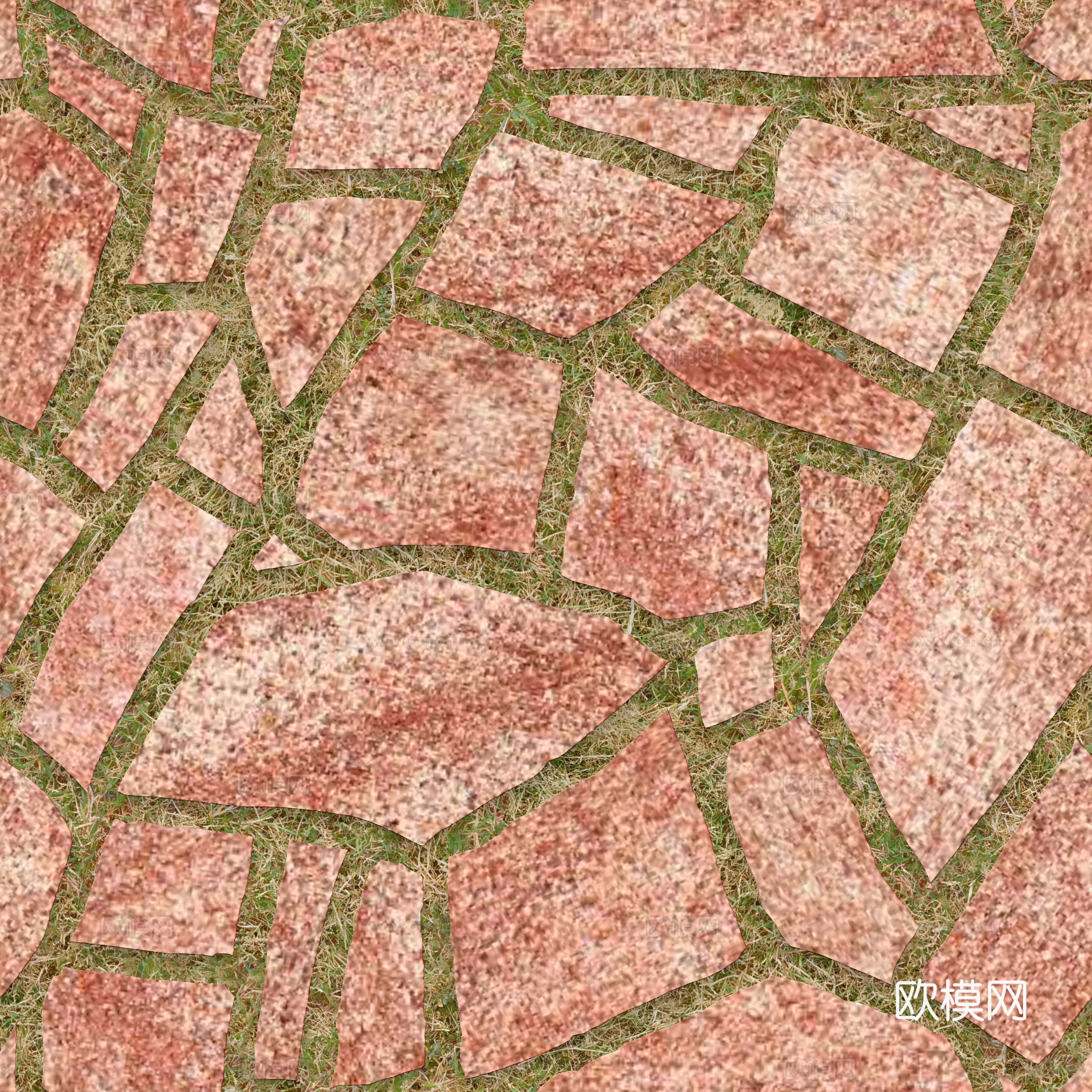 红色砂岩多边形石材嵌草铺地059