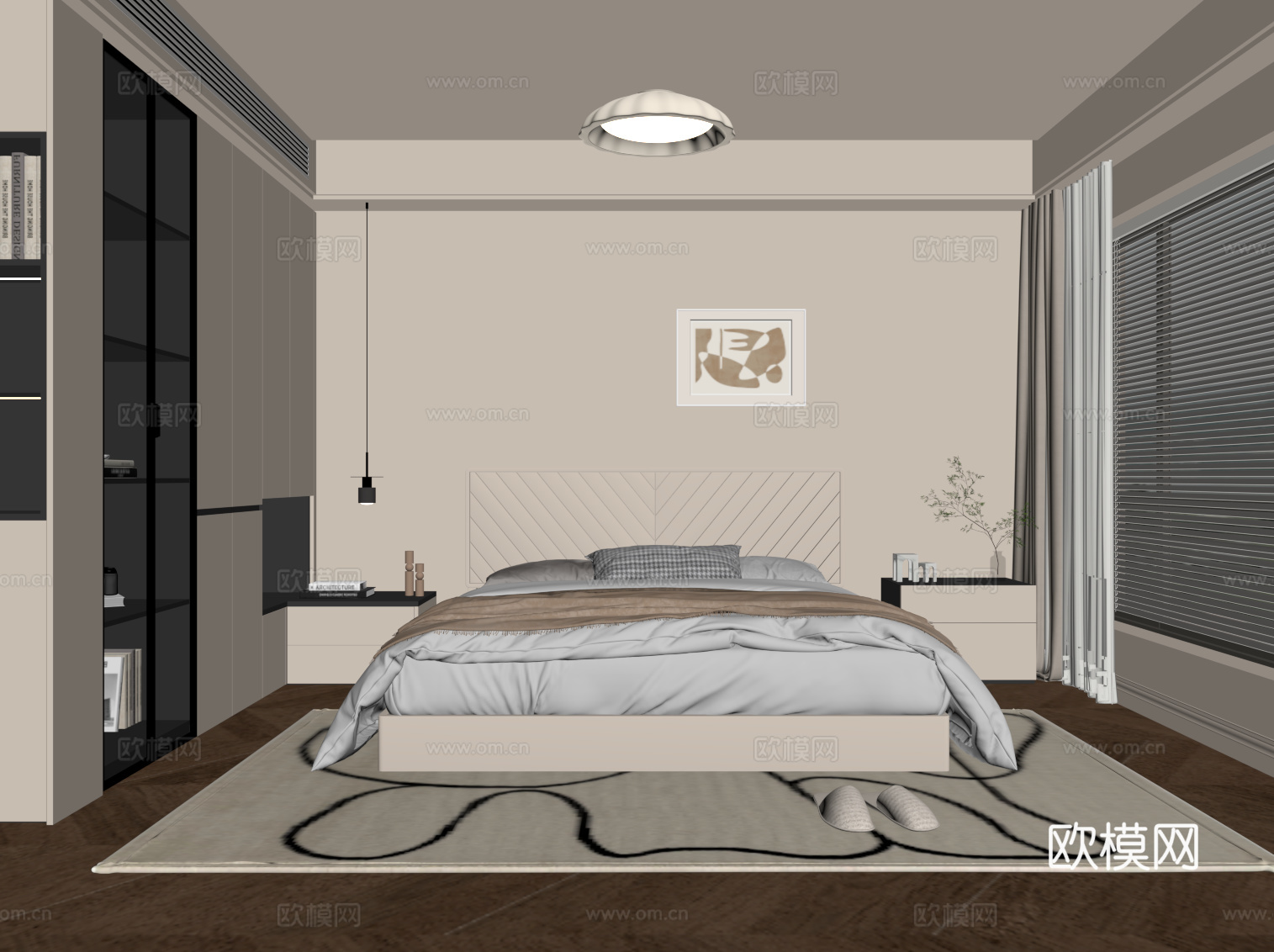 现代奶油风卧室 衣柜 双人床su模型