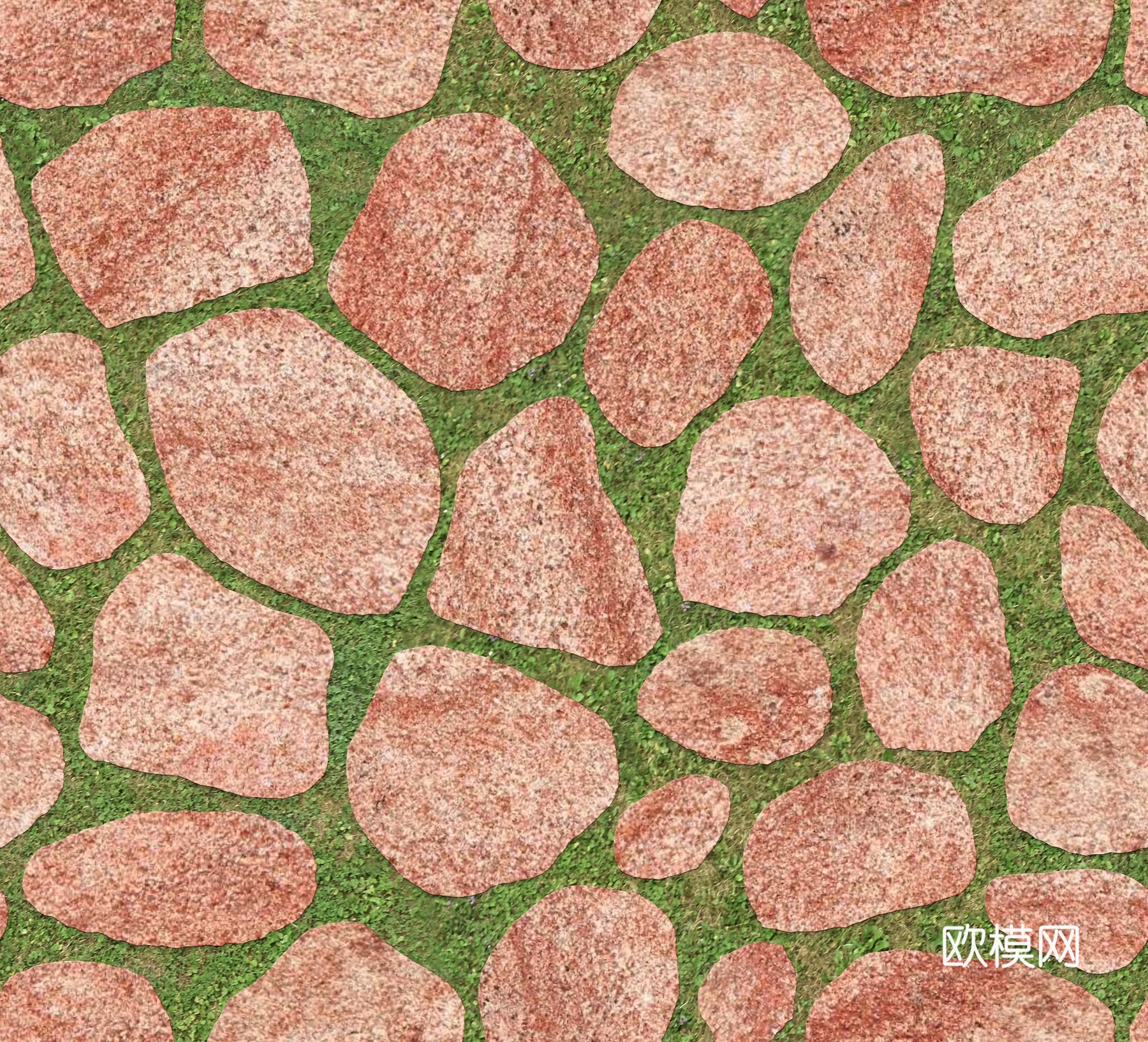 红色砂岩卵形石材嵌草铺地009