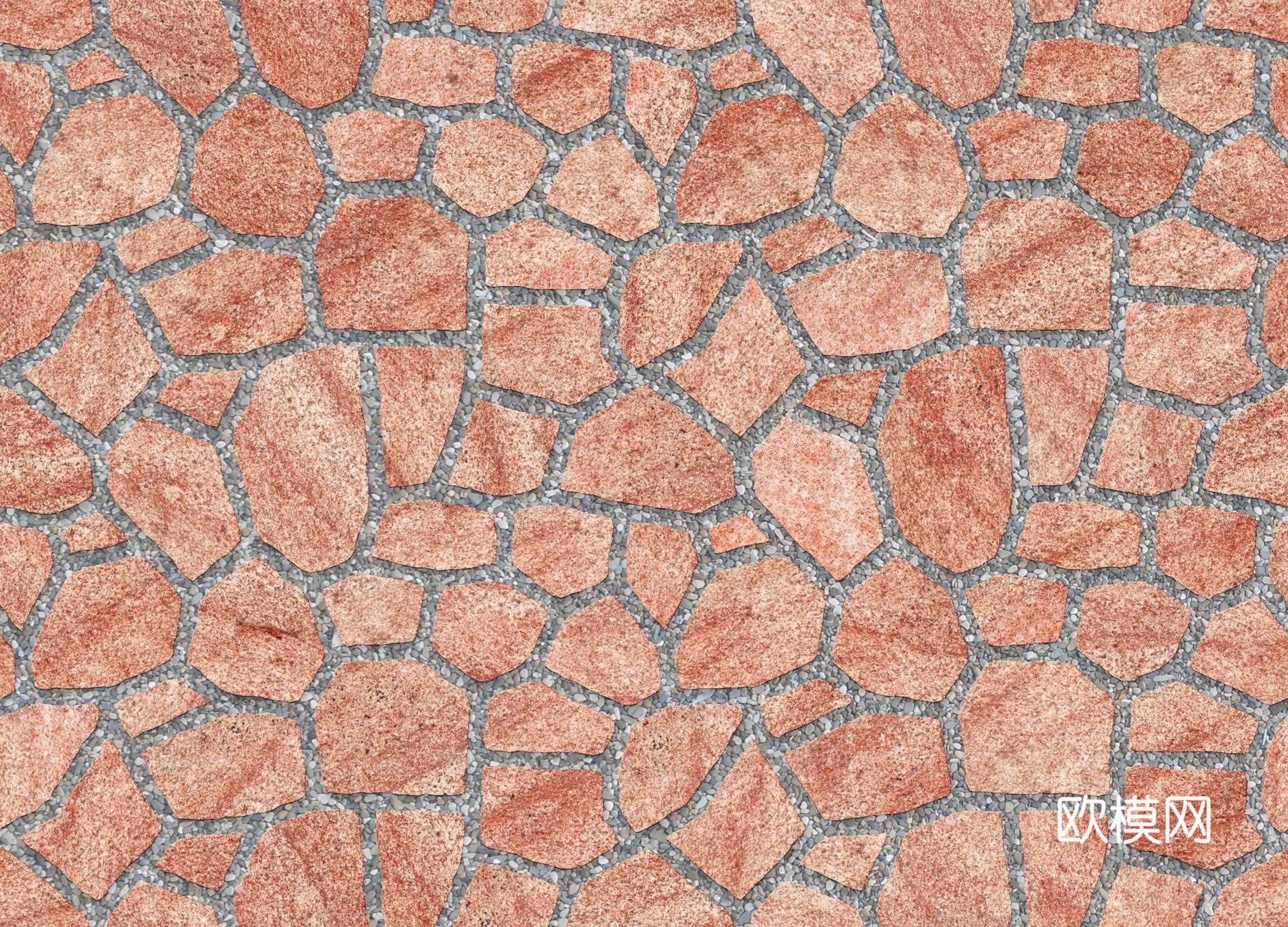 红色砂岩石材铺地-多边形石材铺地-石材嵌鹅卵石铺地20