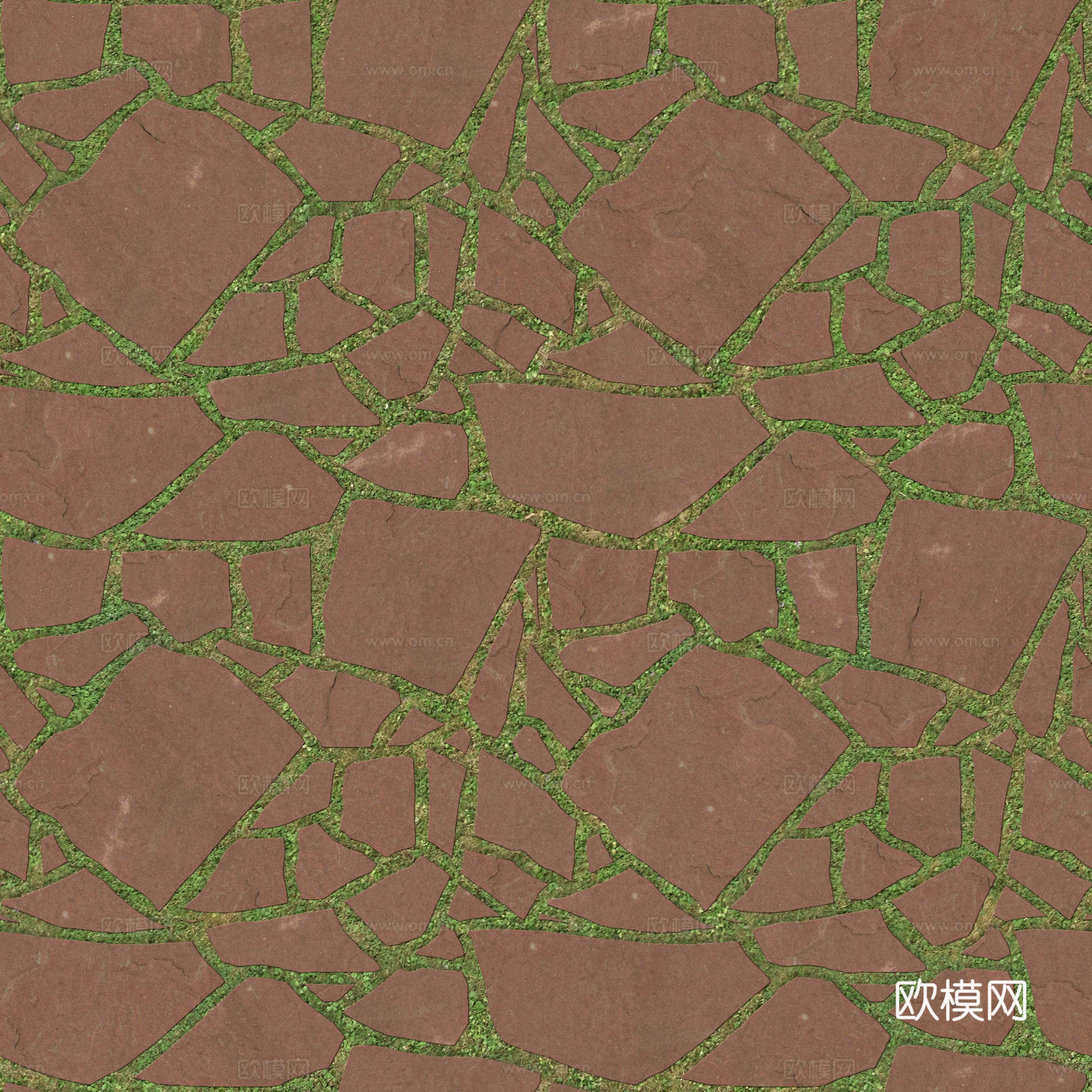 红色砂岩多边形石材嵌草铺地004