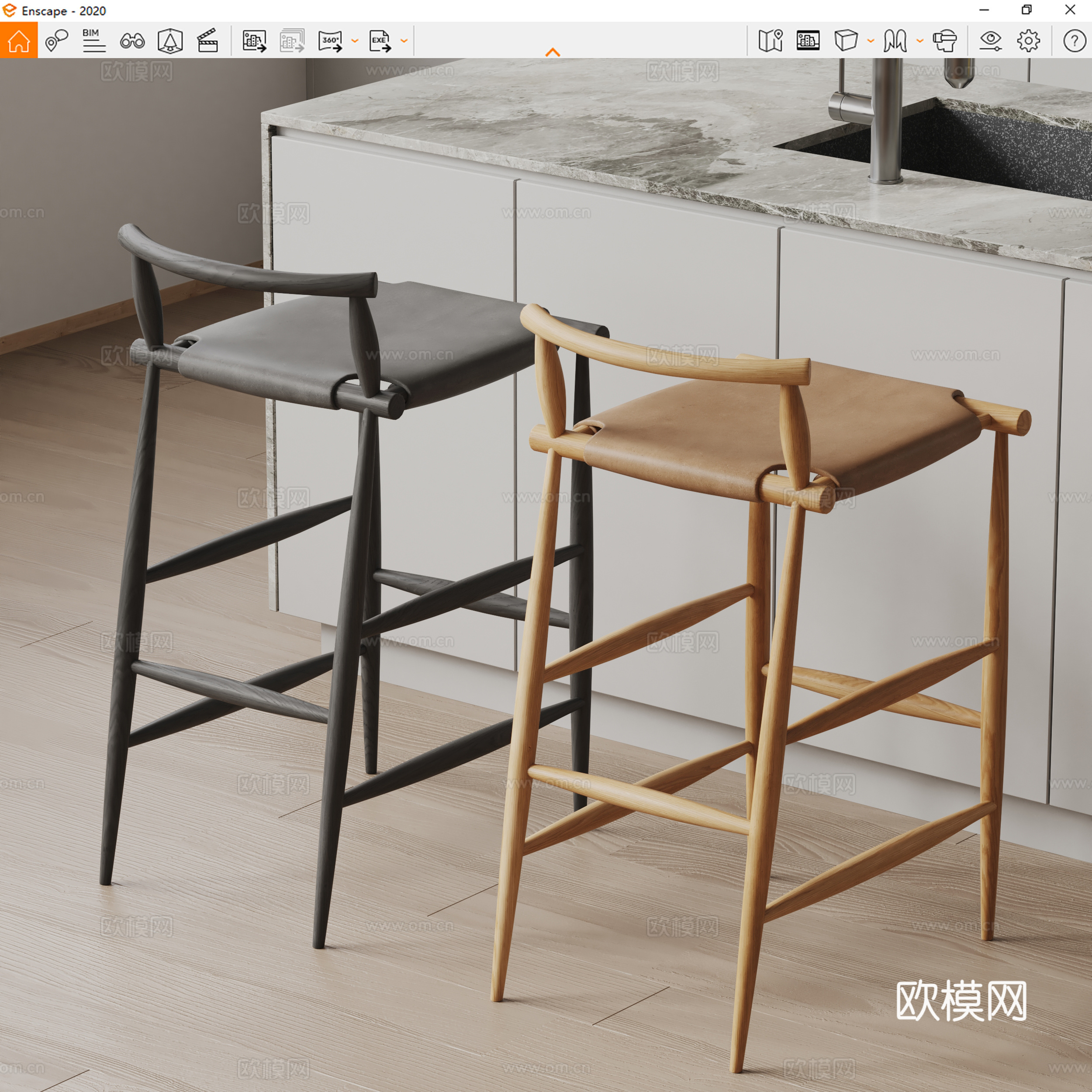 Baxter现代吧椅 皮革椅子 休闲椅su模型