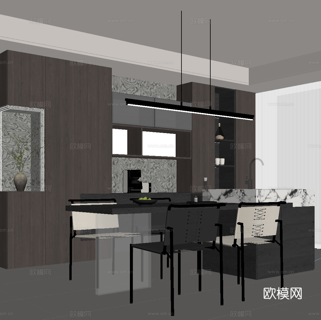 现代餐厅 酒柜 岛台 餐桌椅su模型