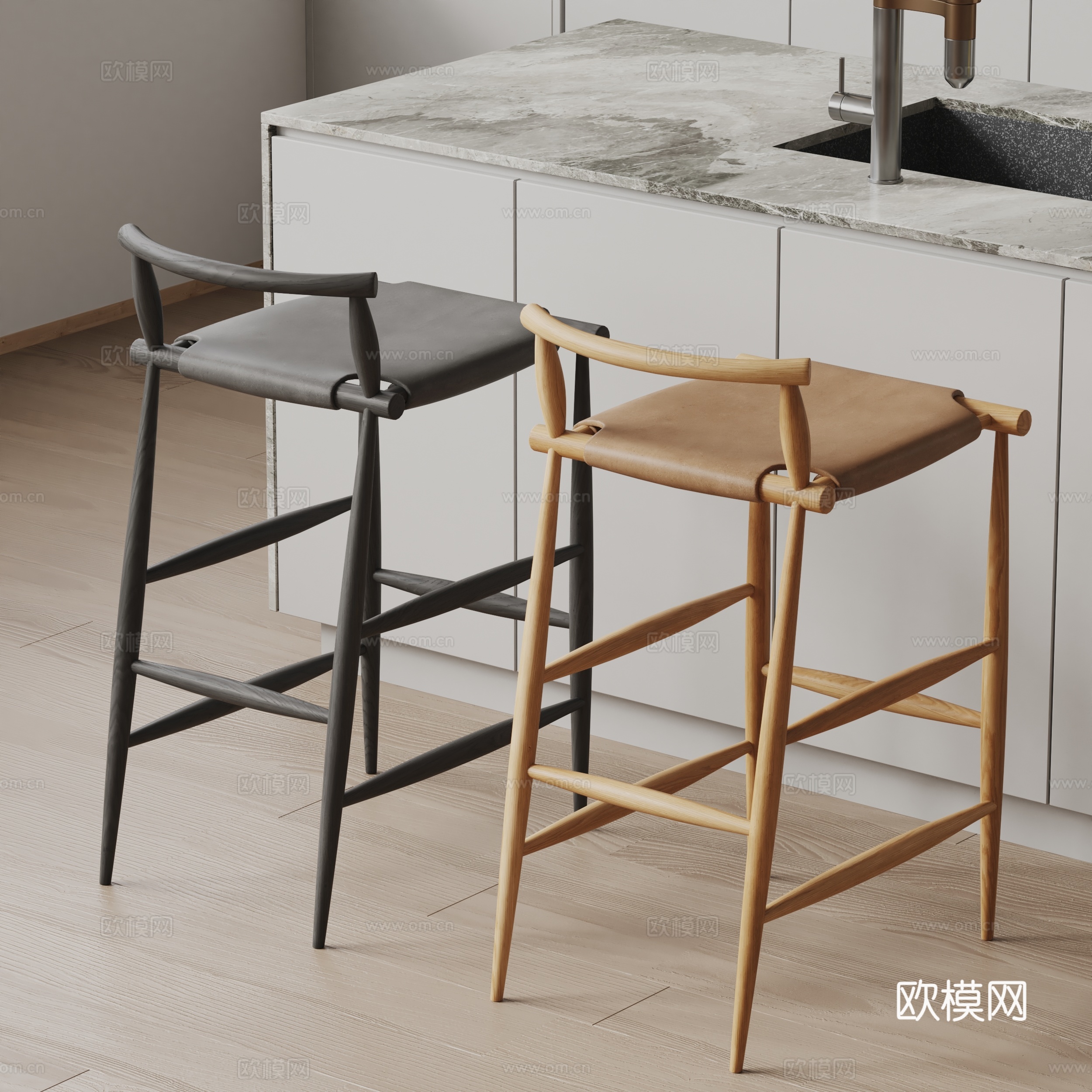 Baxter现代吧椅 皮革椅子 休闲椅su模型