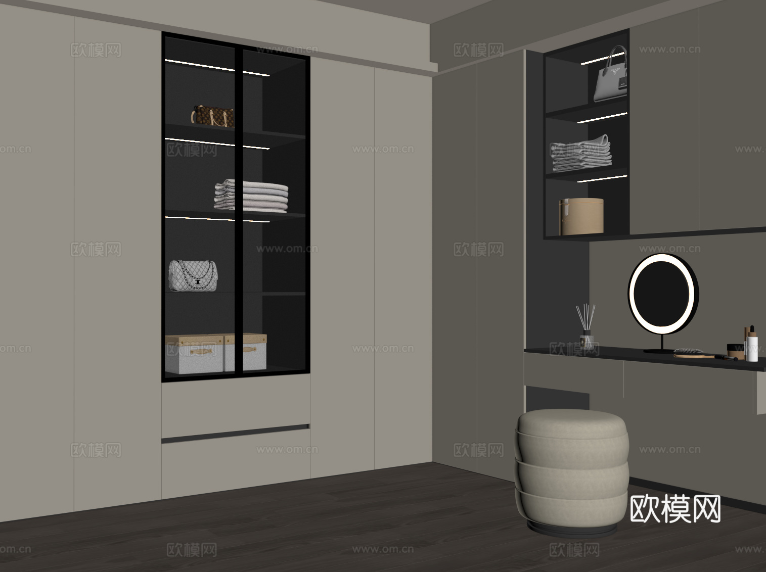 现代衣柜 L型衣柜 梳妆台su模型