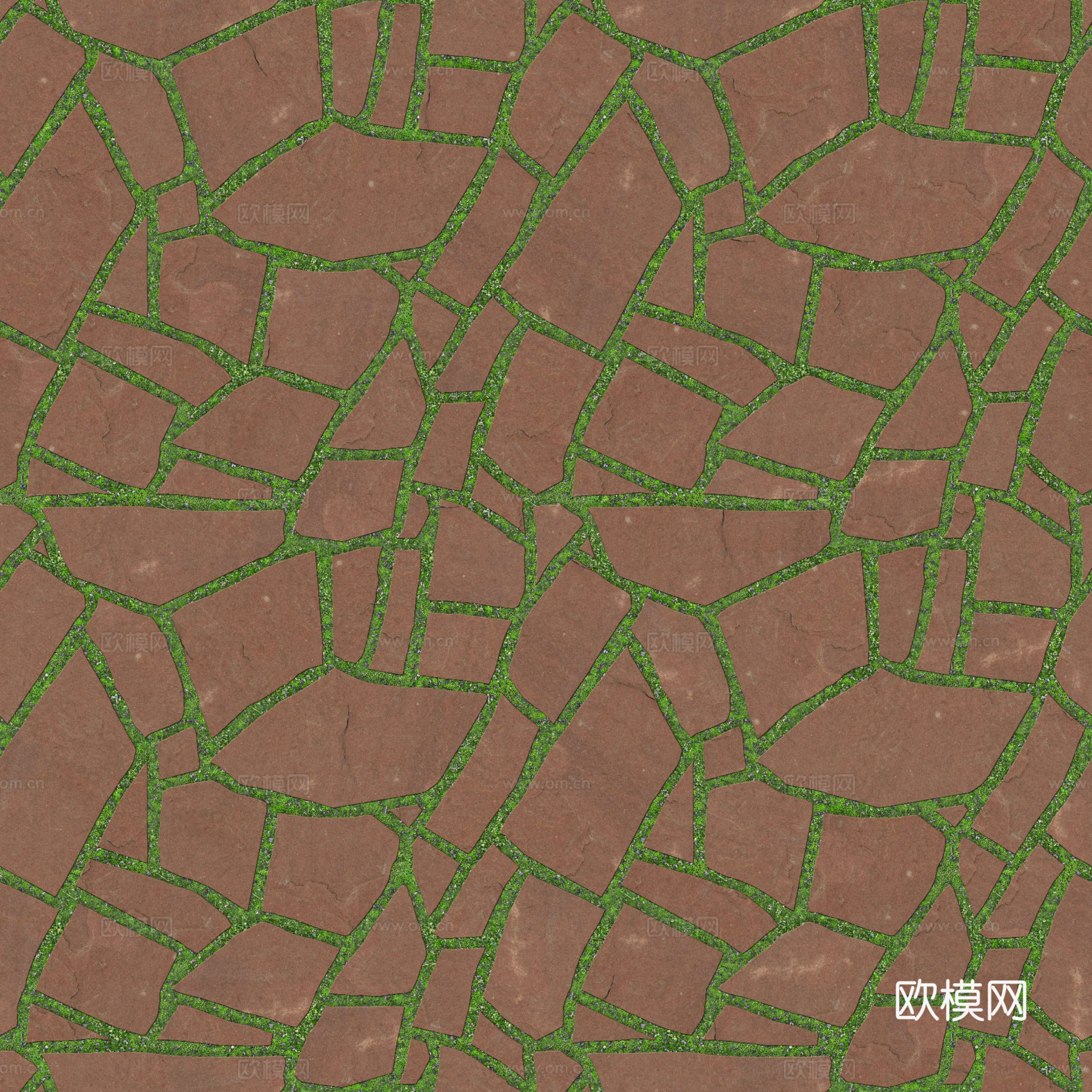 红色砂岩多边形石材嵌草铺地007