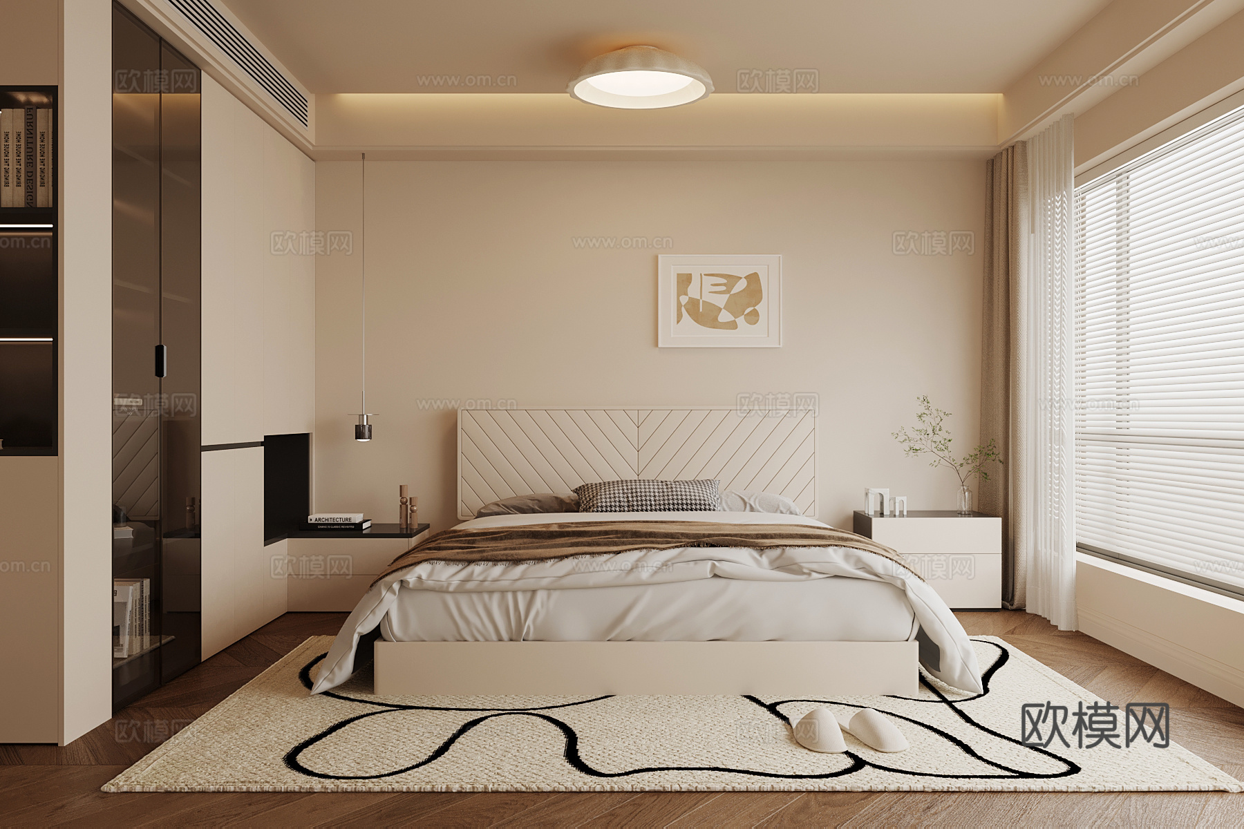 现代奶油风卧室 衣柜 双人床su模型