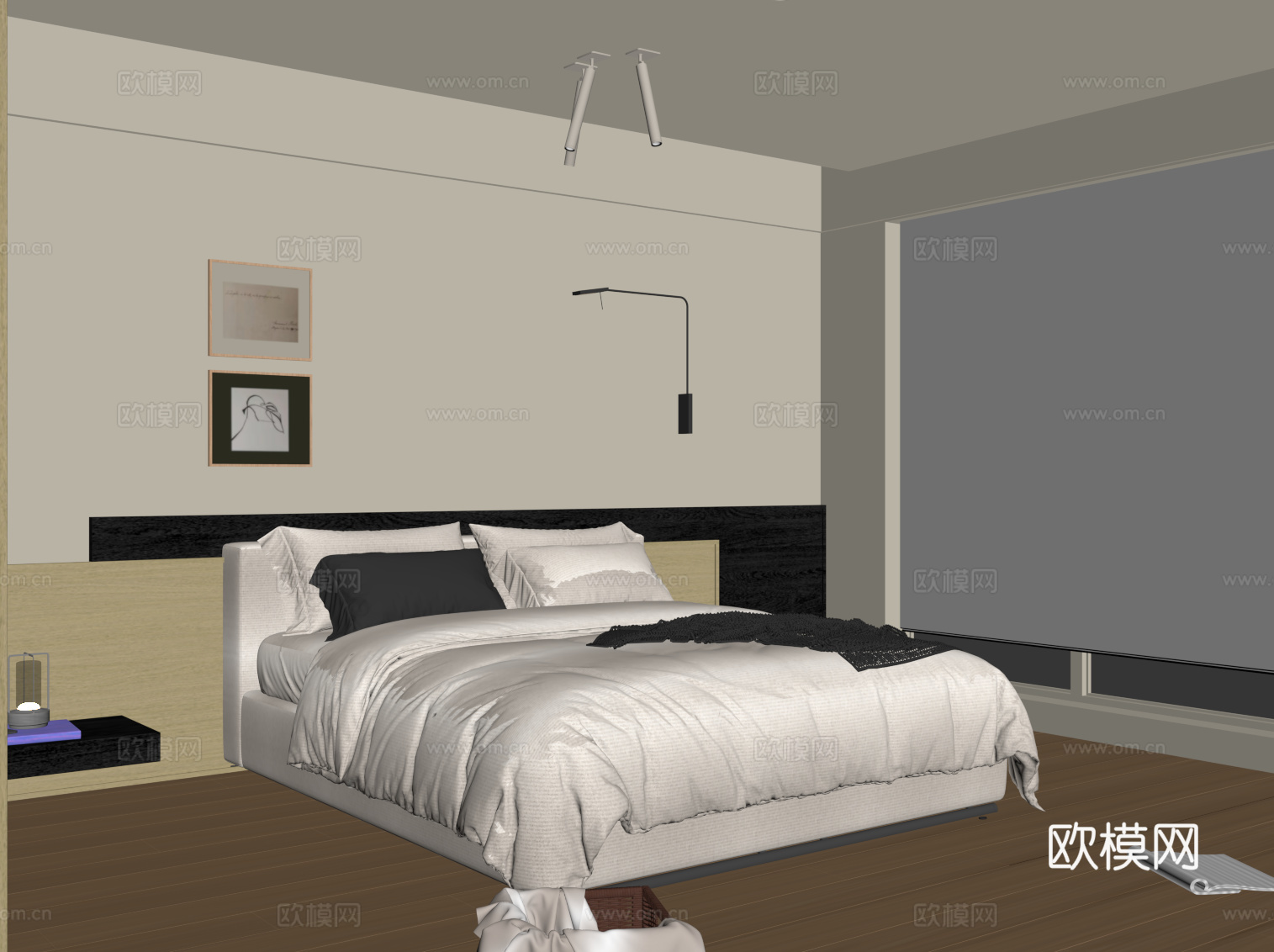现代卧室 双人床su模型