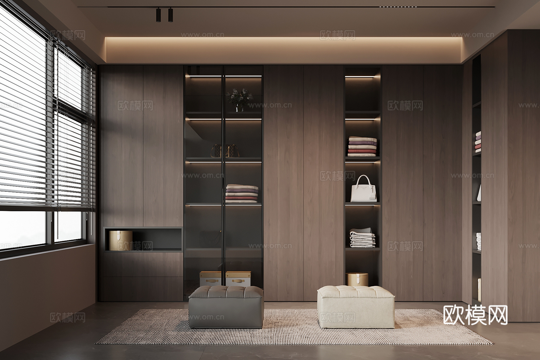 现代意式衣帽间 L型衣柜 换鞋凳su模型下载（渲染图1）