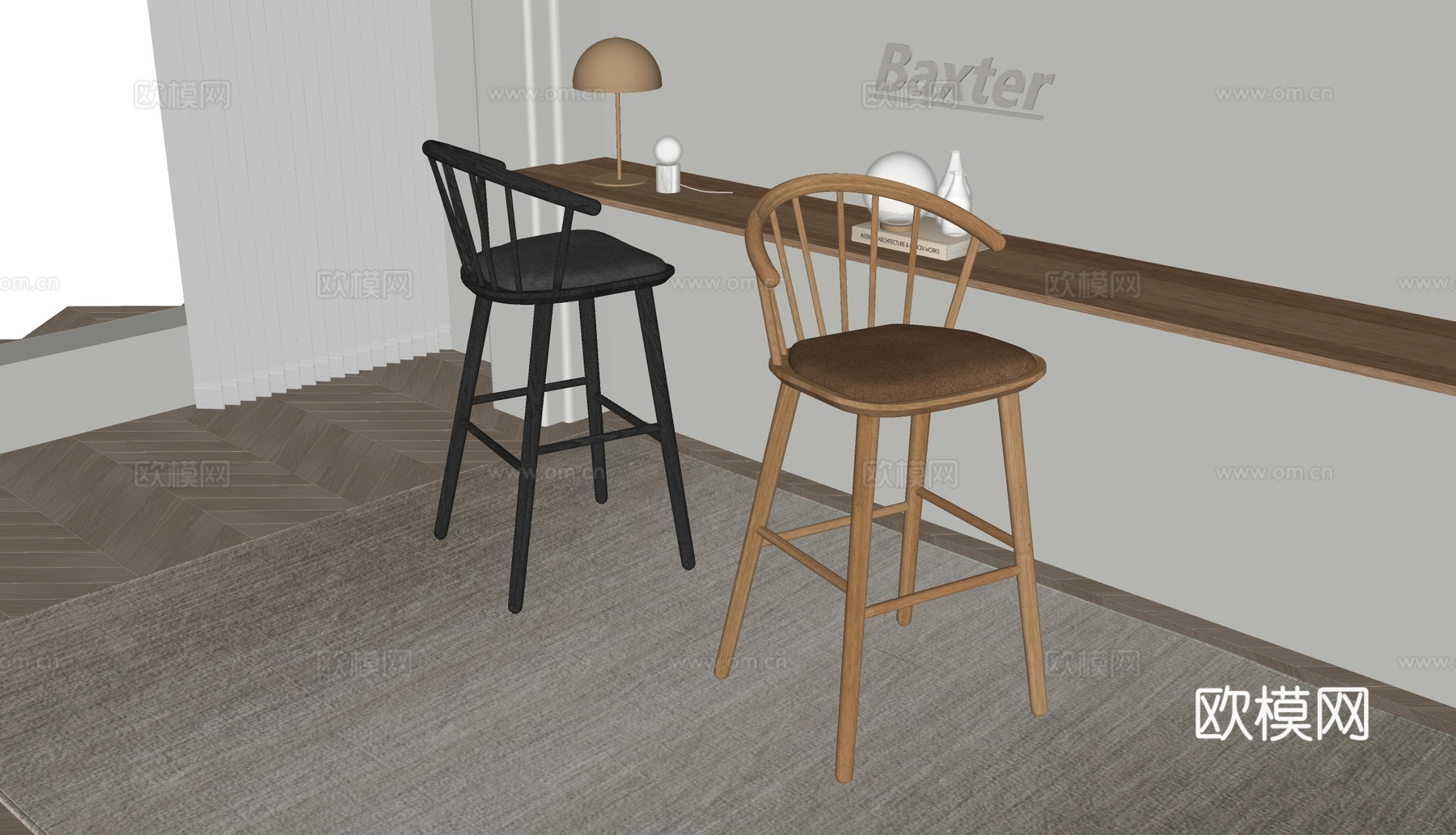 Baxter现代吧椅 休闲椅 实木椅子su模型