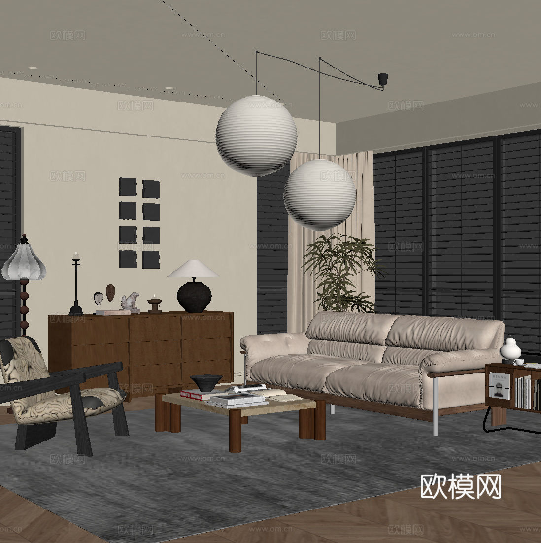 中古风客厅 沙发茶几组合su模型