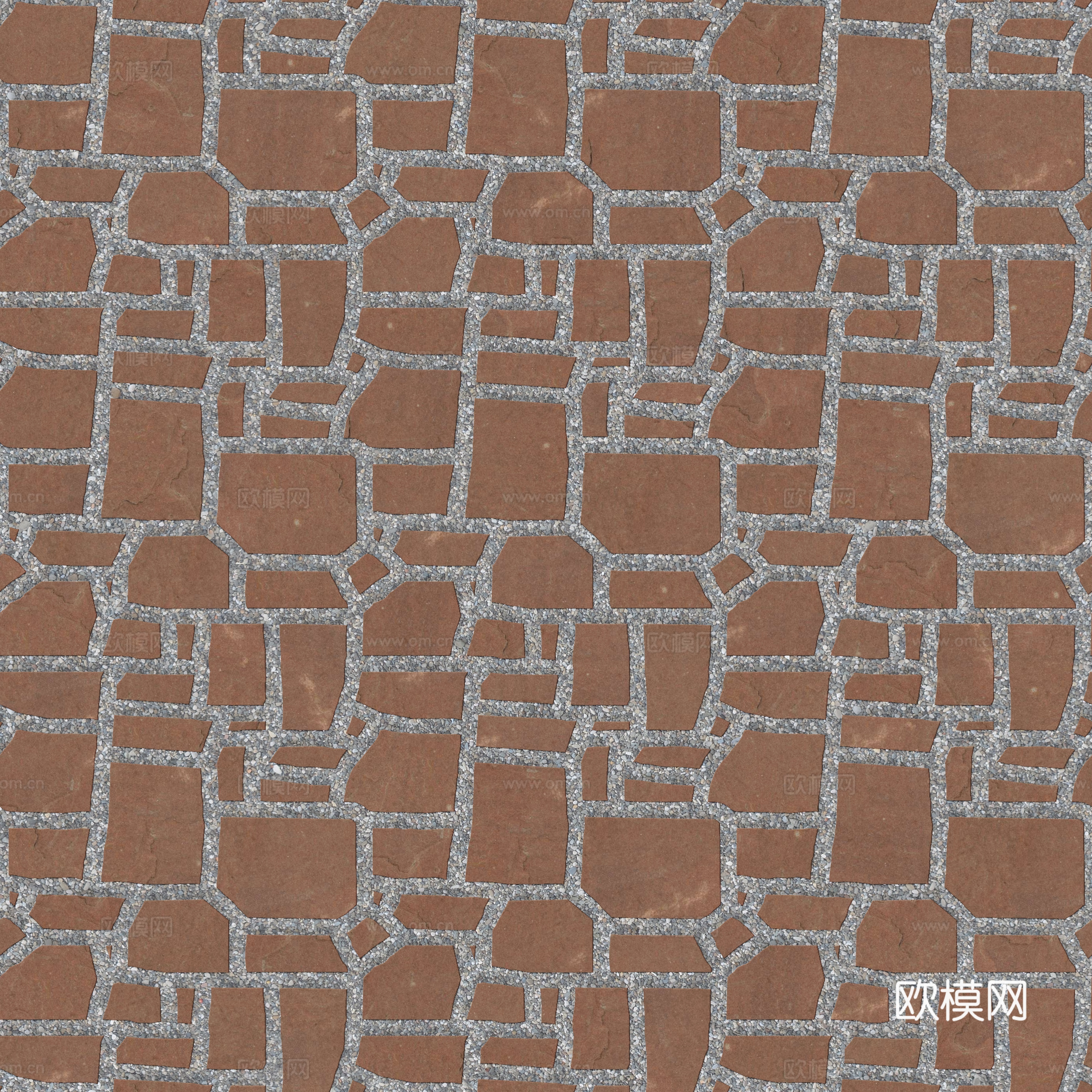 红色砂岩石材铺地-多边形石材铺地-石材嵌鹅卵石铺地3