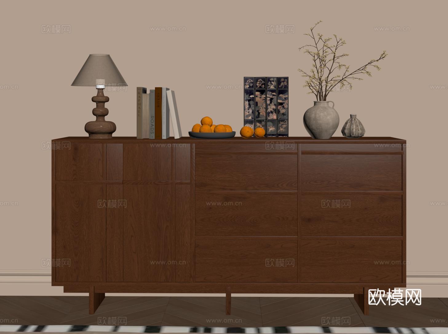 中古风餐边柜 侘寂玄关柜 储物柜 收纳柜 斗柜su模型