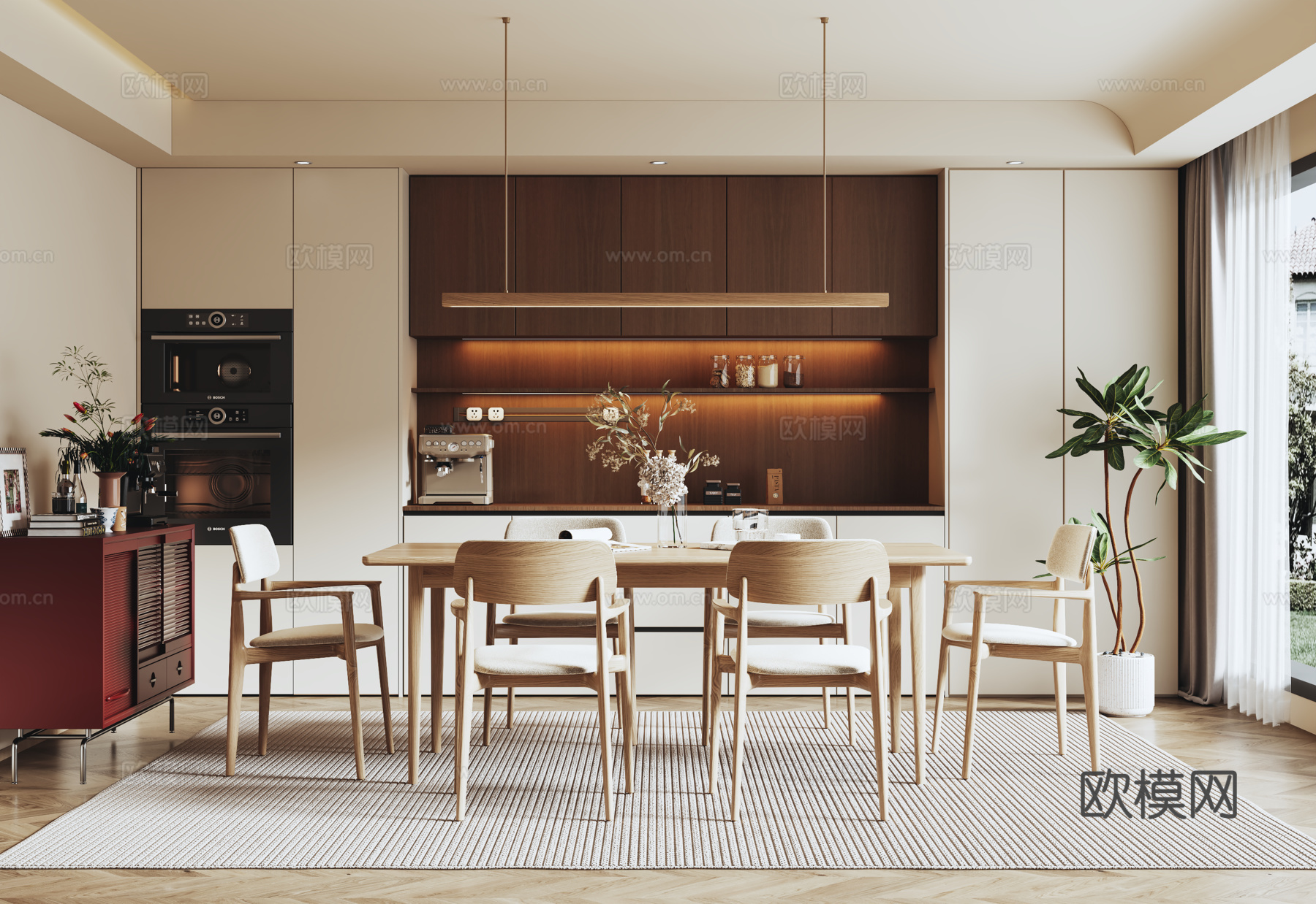 中古风餐厅 餐边柜 餐桌椅su模型