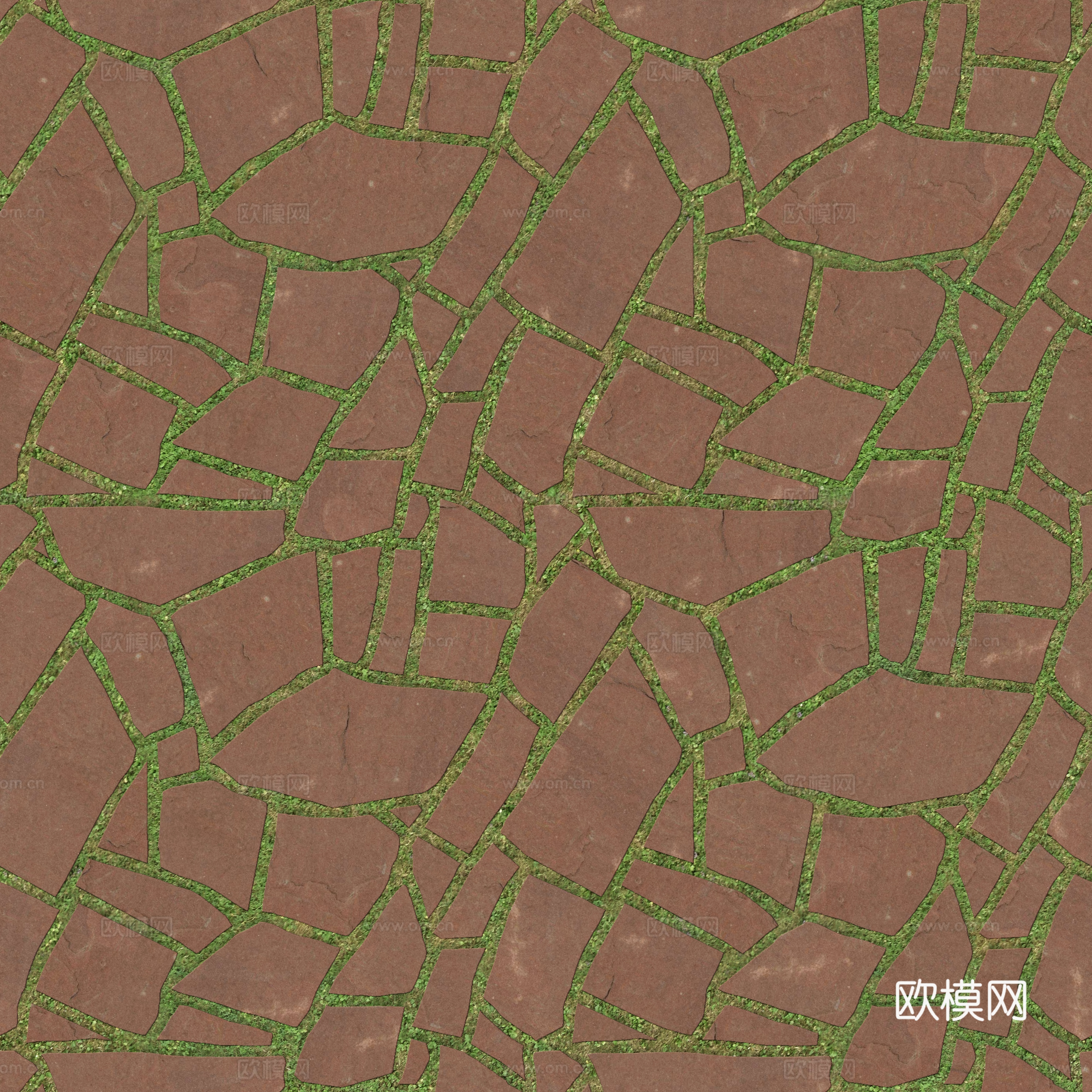 红色砂岩多边形石材嵌草铺地008