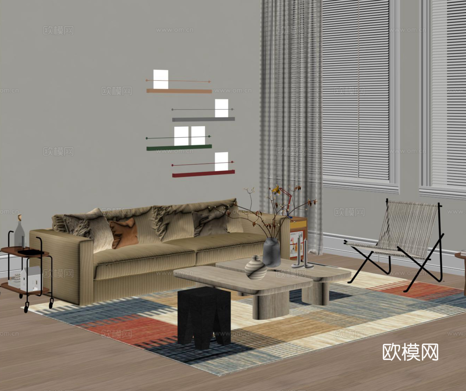 中古风沙发茶几组合su模型