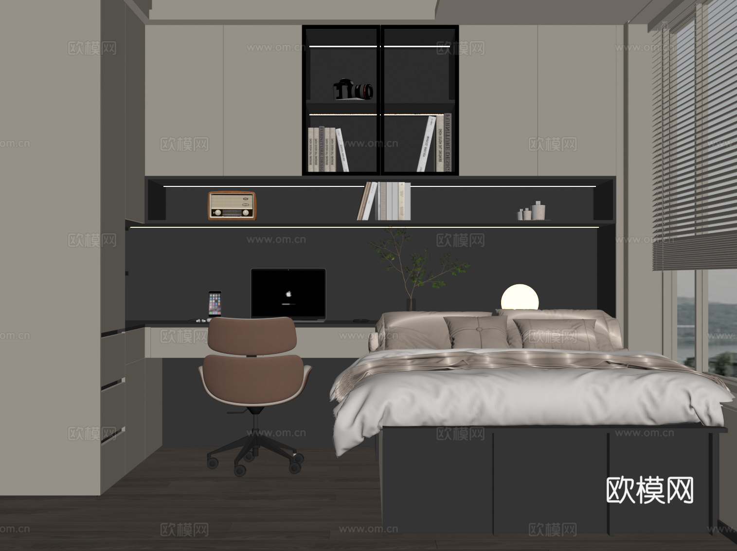 现代榻榻米 卧室 双人床 衣柜 书桌椅su模型