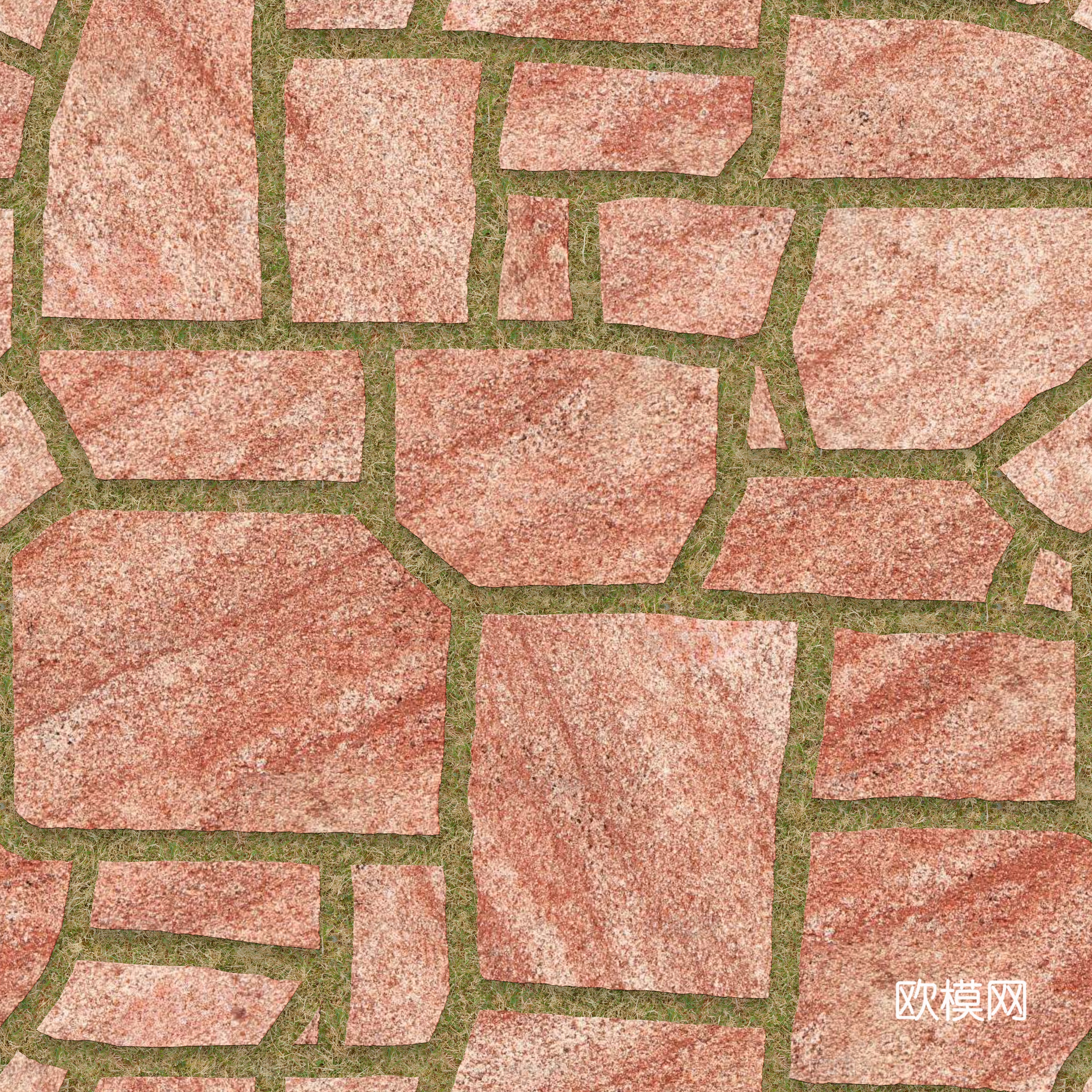红色砂岩多边形石材嵌草铺地064
