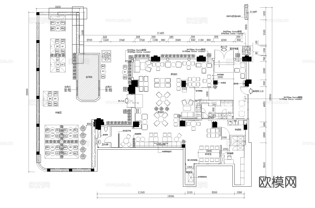 露营风西餐厅 最新平面施工图合集cad施工图