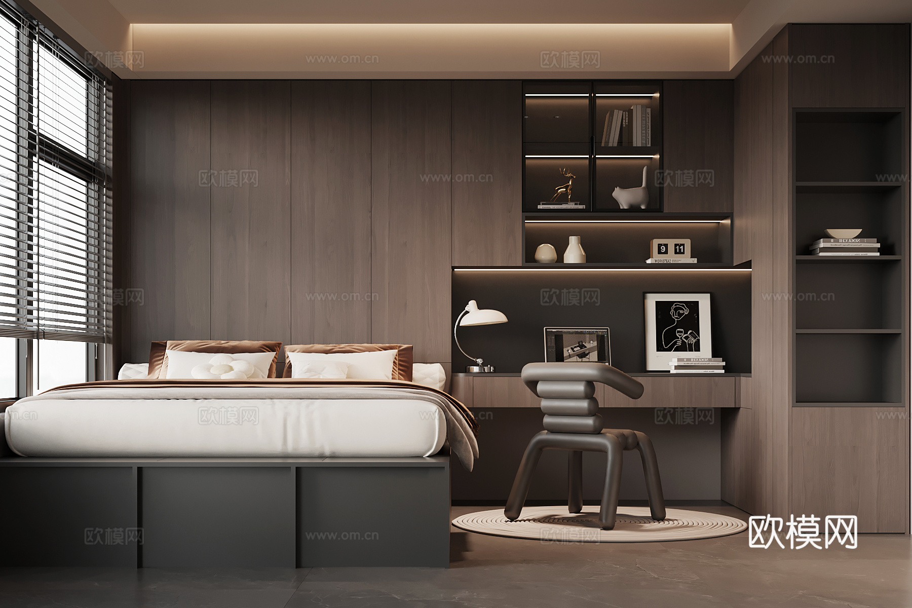 现代意式榻榻米 双人床 衣柜su模型