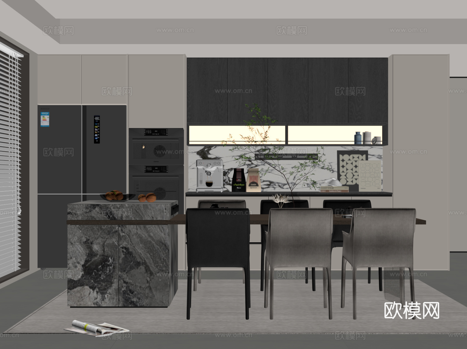 现代餐厅 酒柜 餐桌椅 岛台su模型