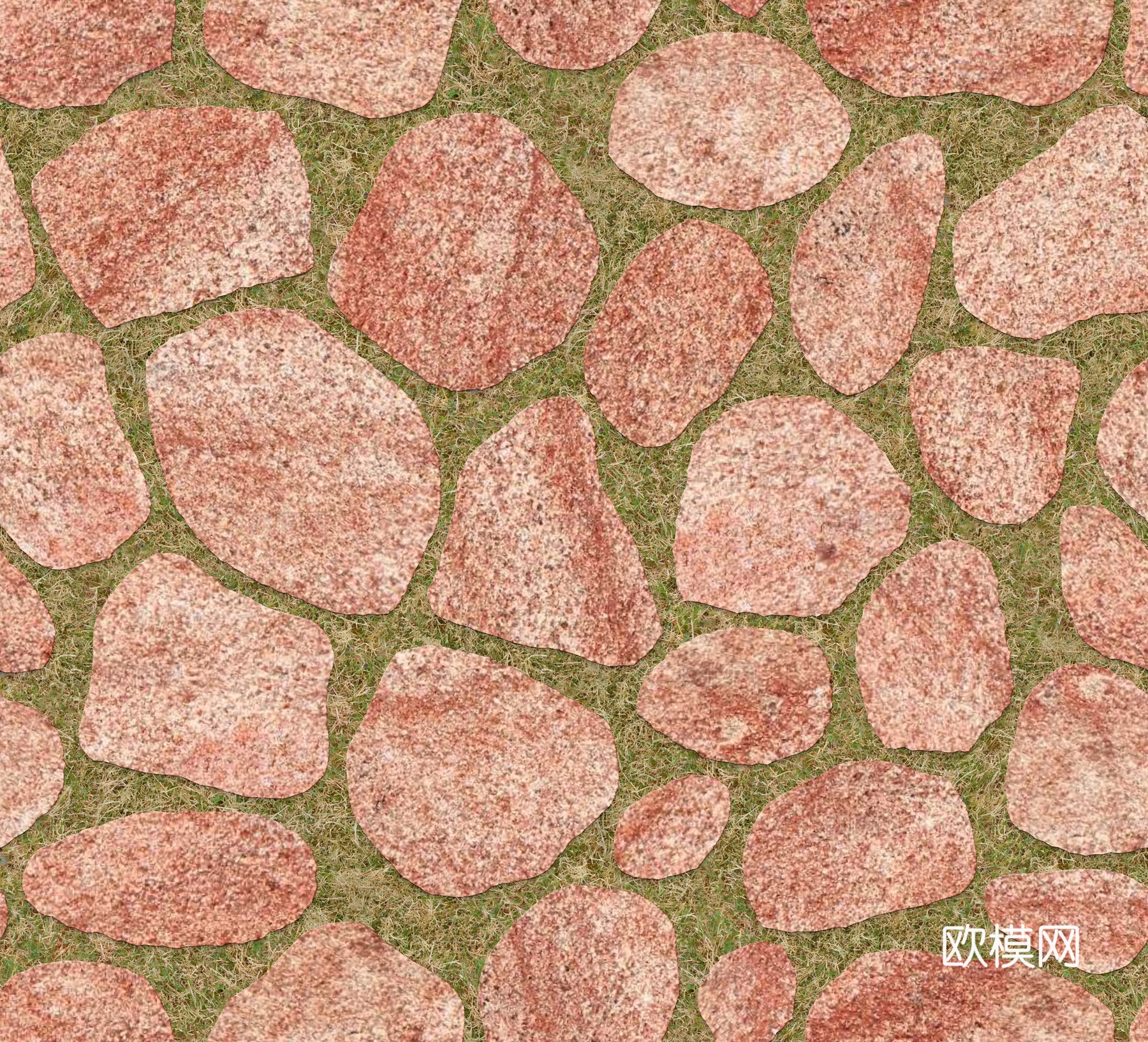 红色砂岩卵形石材嵌草铺地008