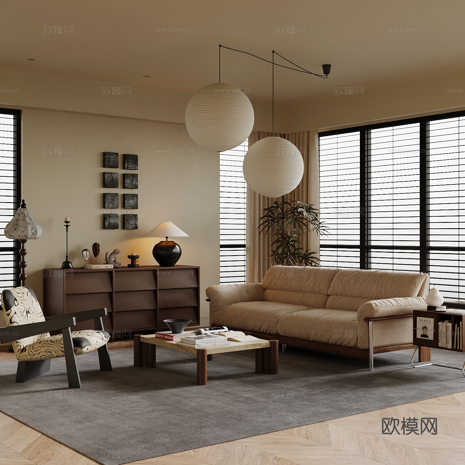 中古风客厅 沙发茶几组合su模型