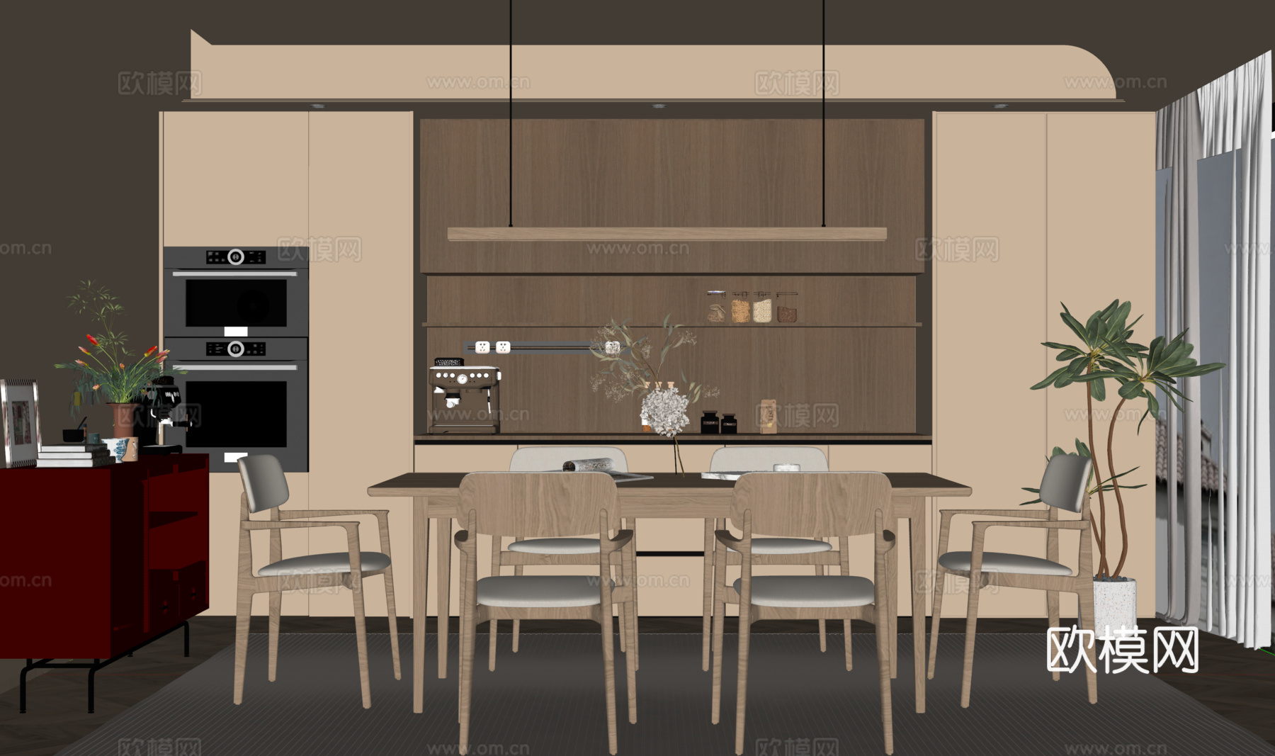 中古风餐厅 餐边柜 餐桌椅su模型