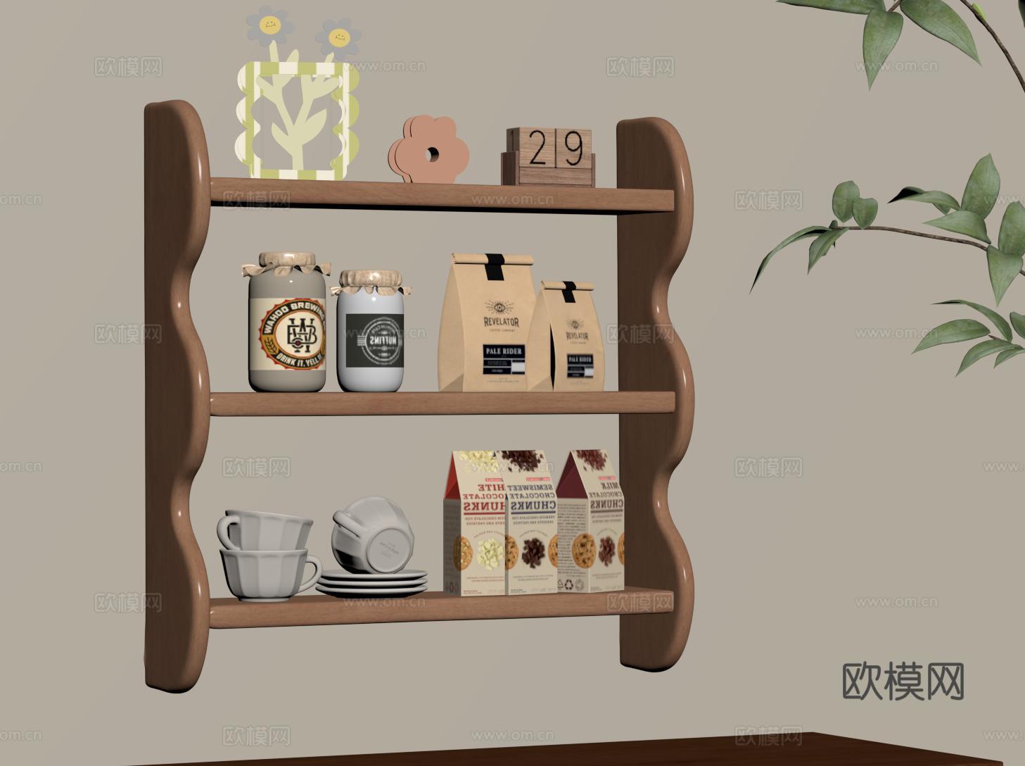 复古壁挂置物架 中古收纳架 餐厅装饰架 书架 杯架su模型