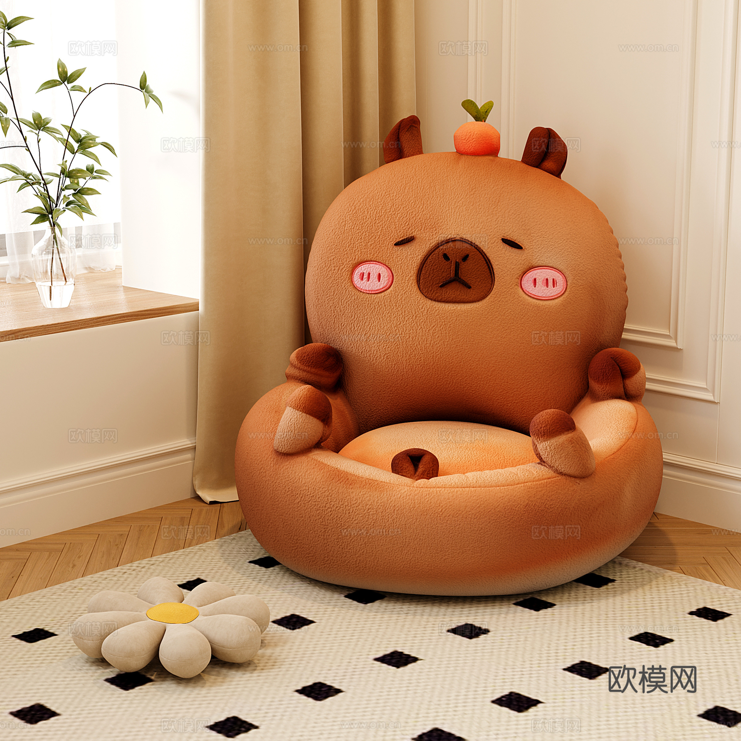 现代蒲团坐垫 水豚公仔软垫 卡皮巴拉坐垫 飘窗坐垫 阳台坐墩su模型