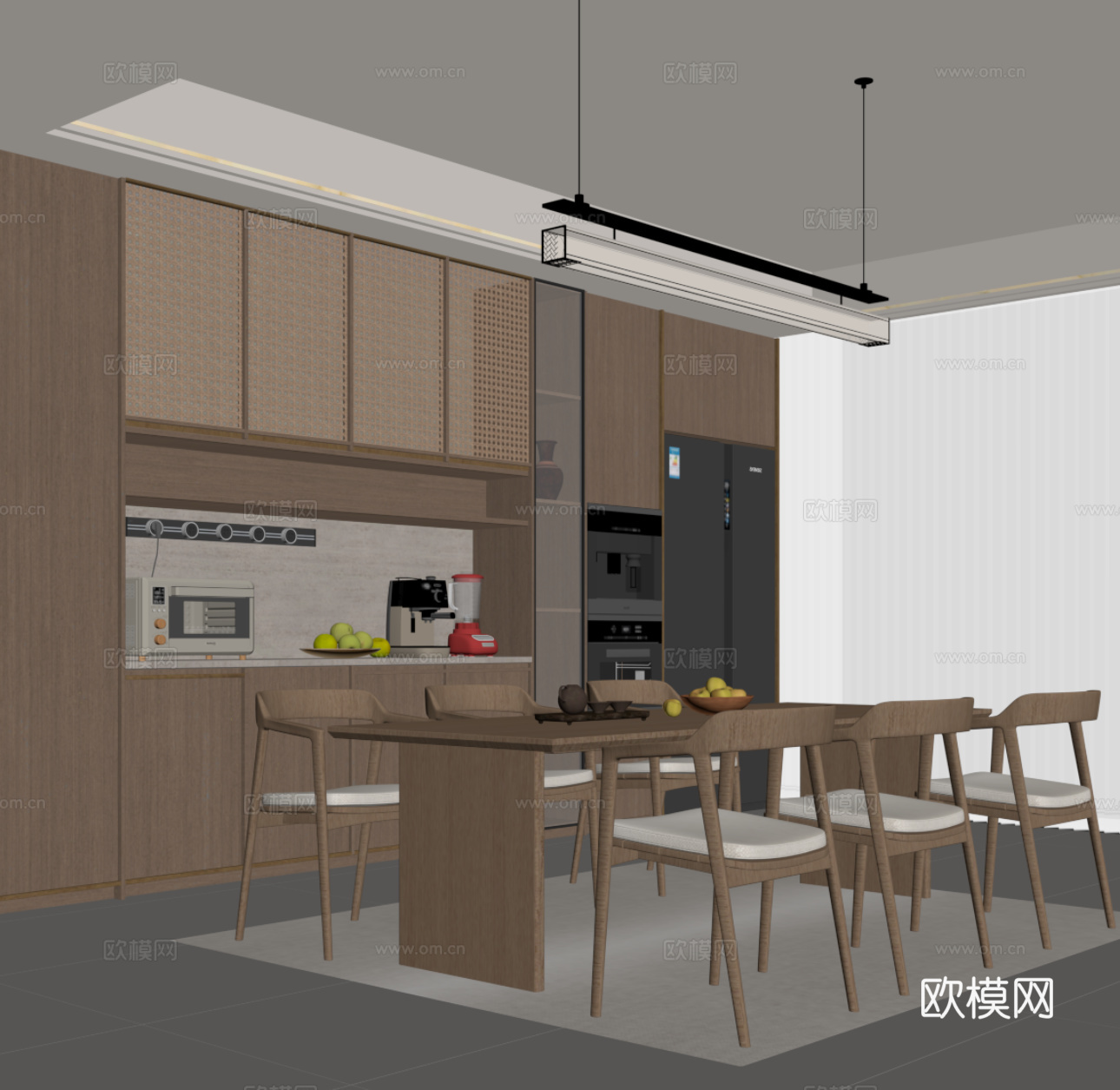 新中式餐厅 餐桌椅 酒柜su模型