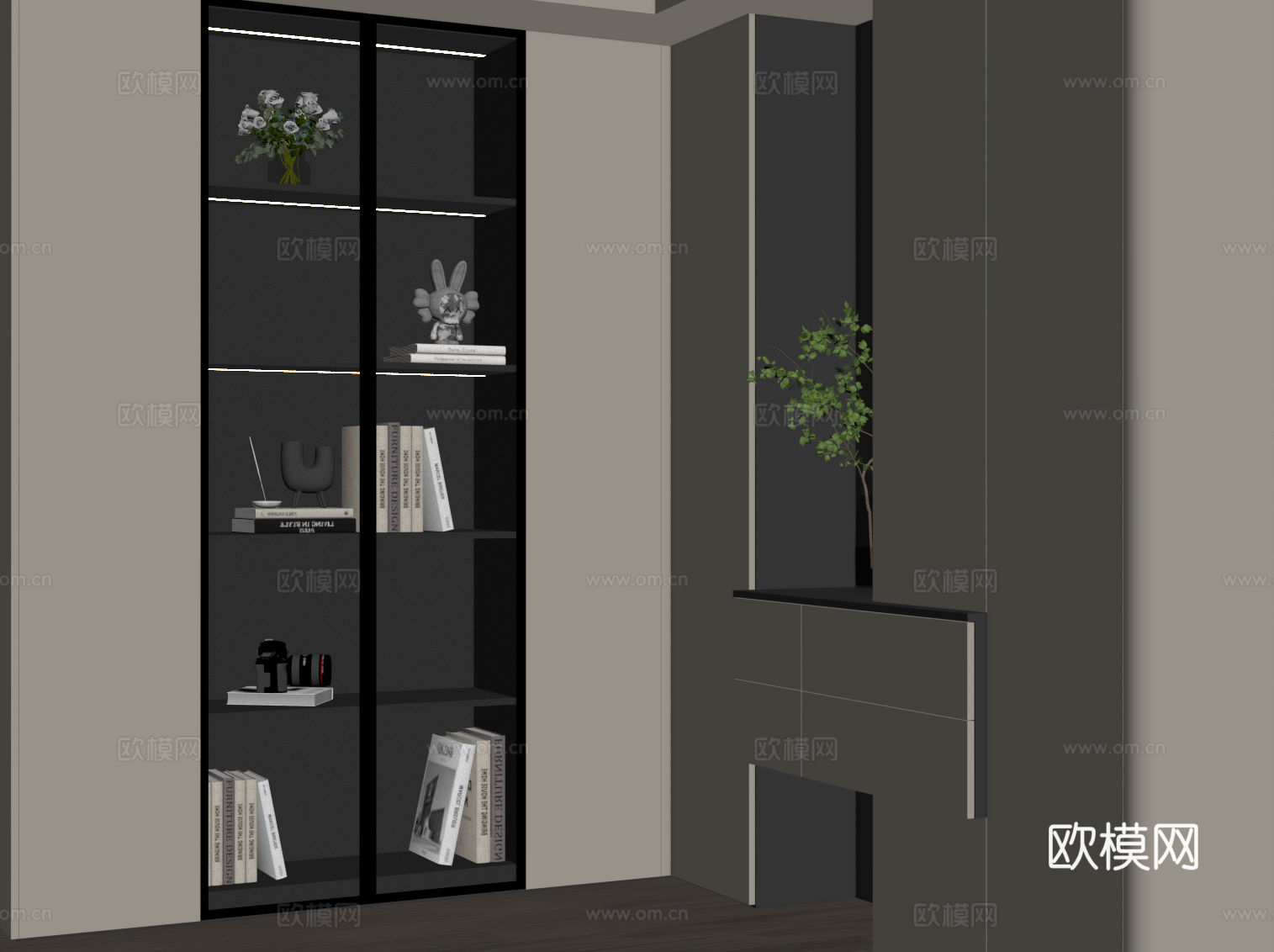 现代极简书柜 L型书柜su模型