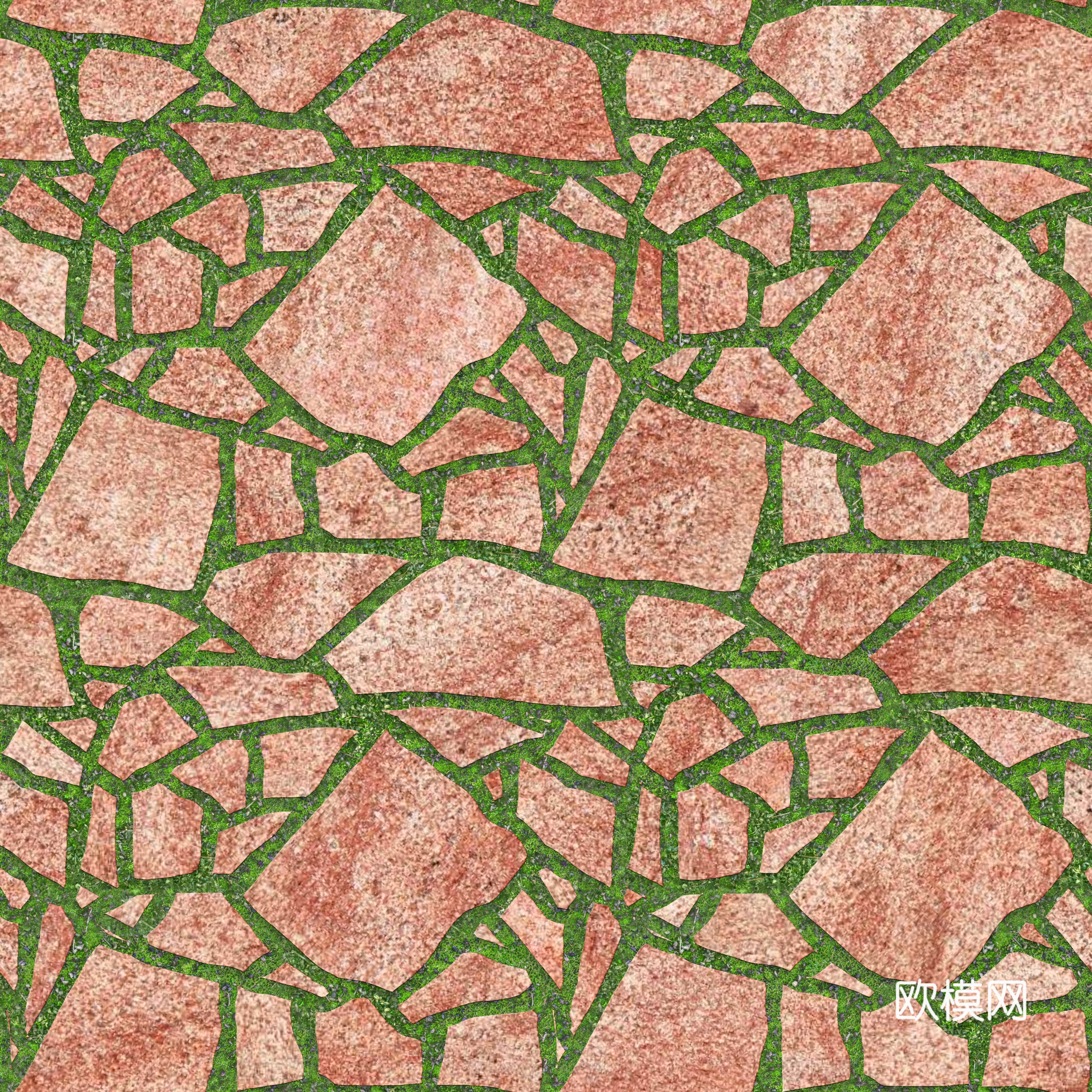 红色砂岩多边形石材嵌草铺地063