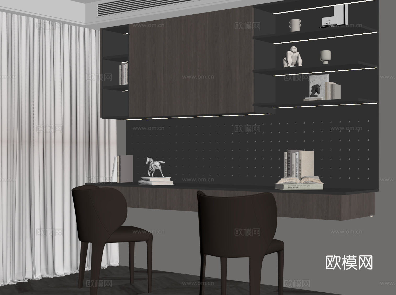 现代意式书桌椅 壁挂式书柜su模型