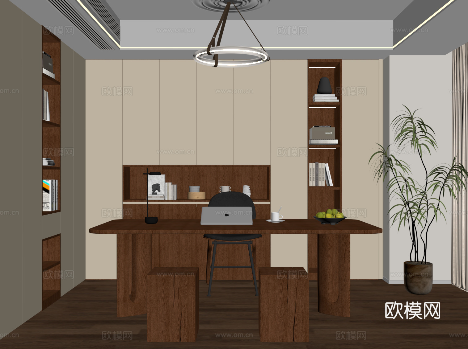 中古风书房 L型书柜 书桌椅su模型