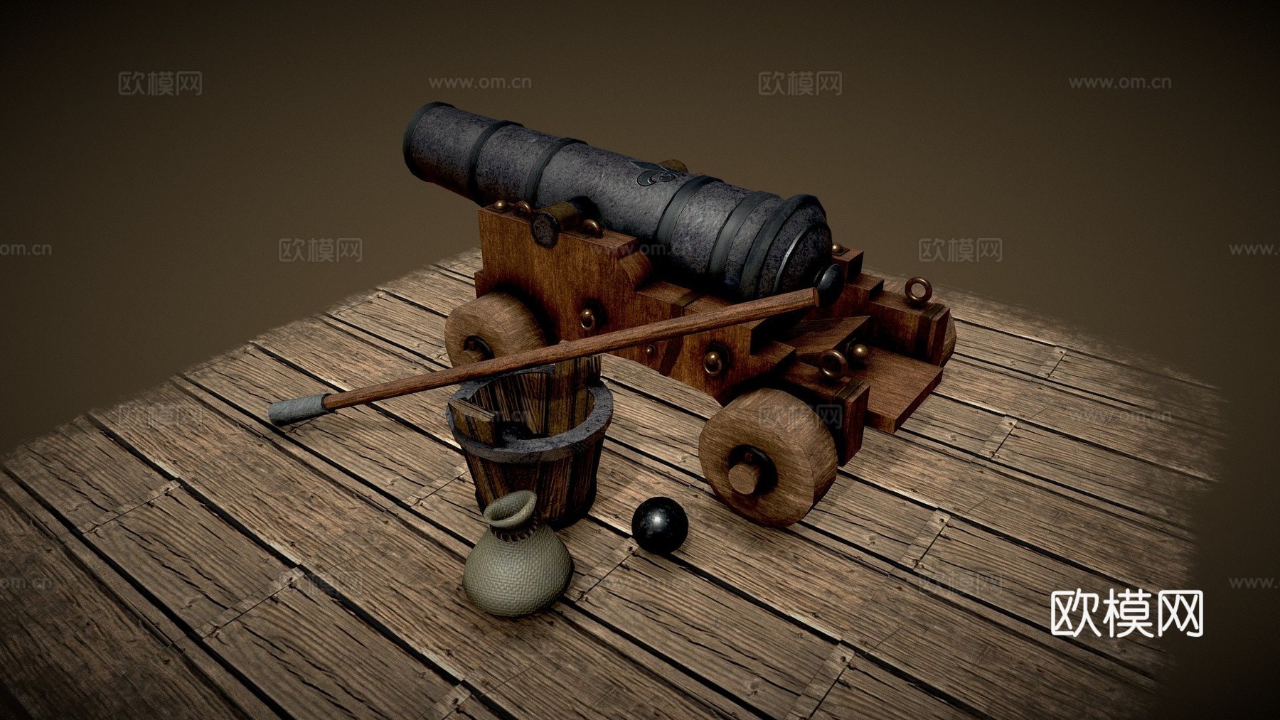 立体低多边形舰炮3d模型下载（渲染图1）