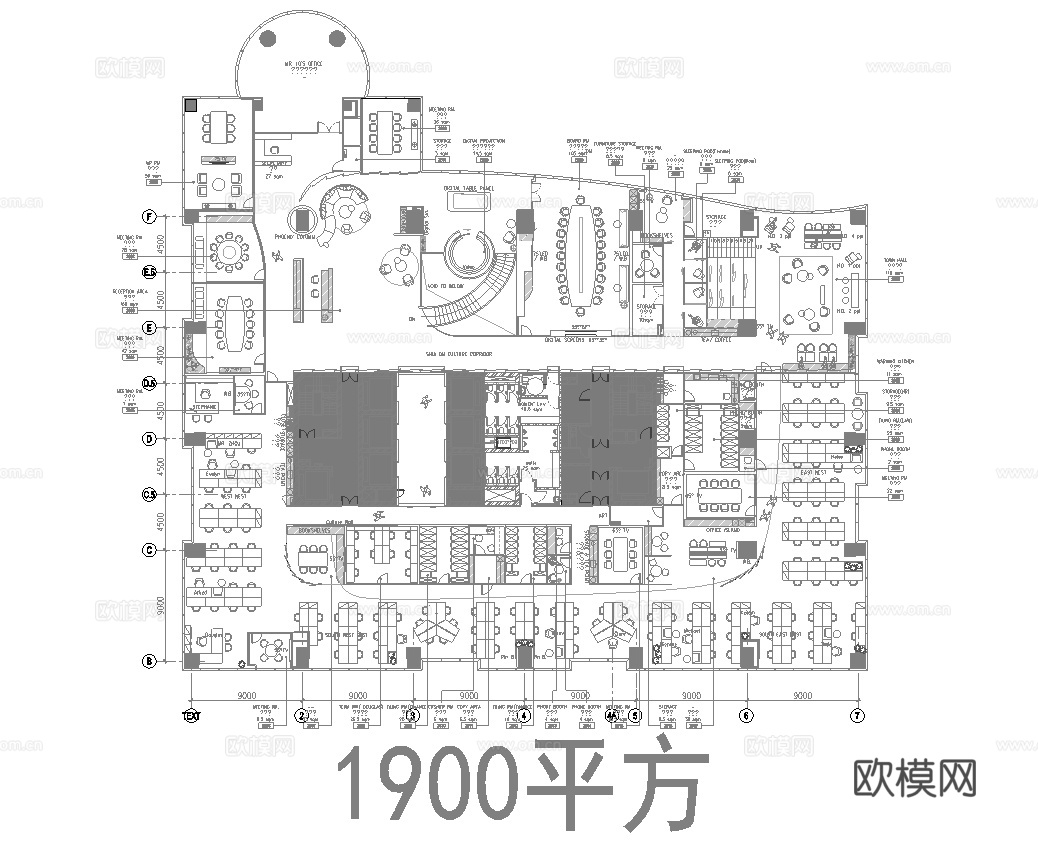1900平办公室 最新平面施工图合集cad施工图