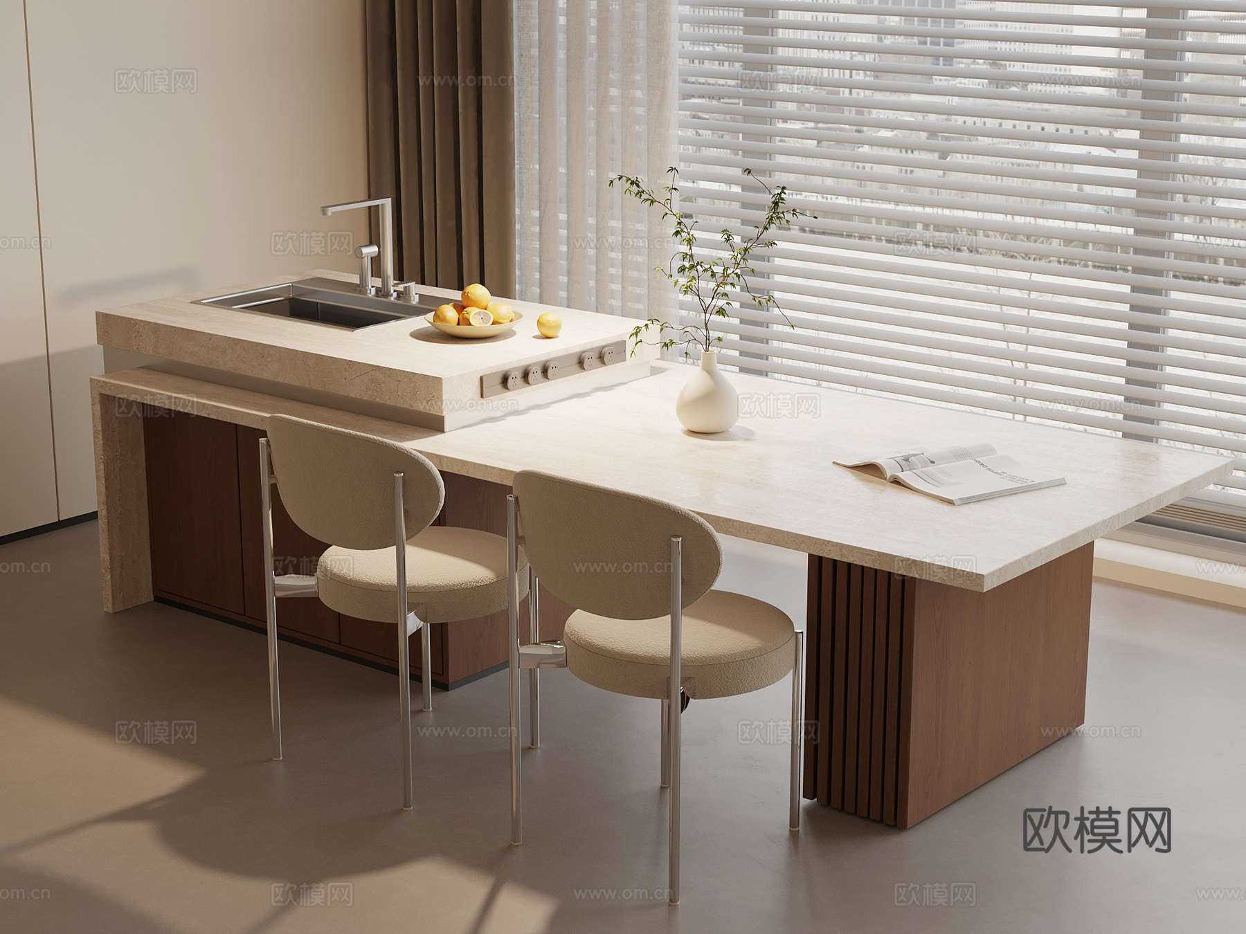 侘寂中古风餐桌椅 岛台餐桌椅su模型