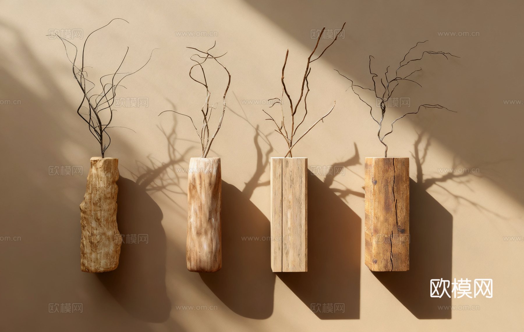 侘寂风原木花瓶枯枝 禅意茶室民宿静物造景 自然风装饰 孔洞裂su模型