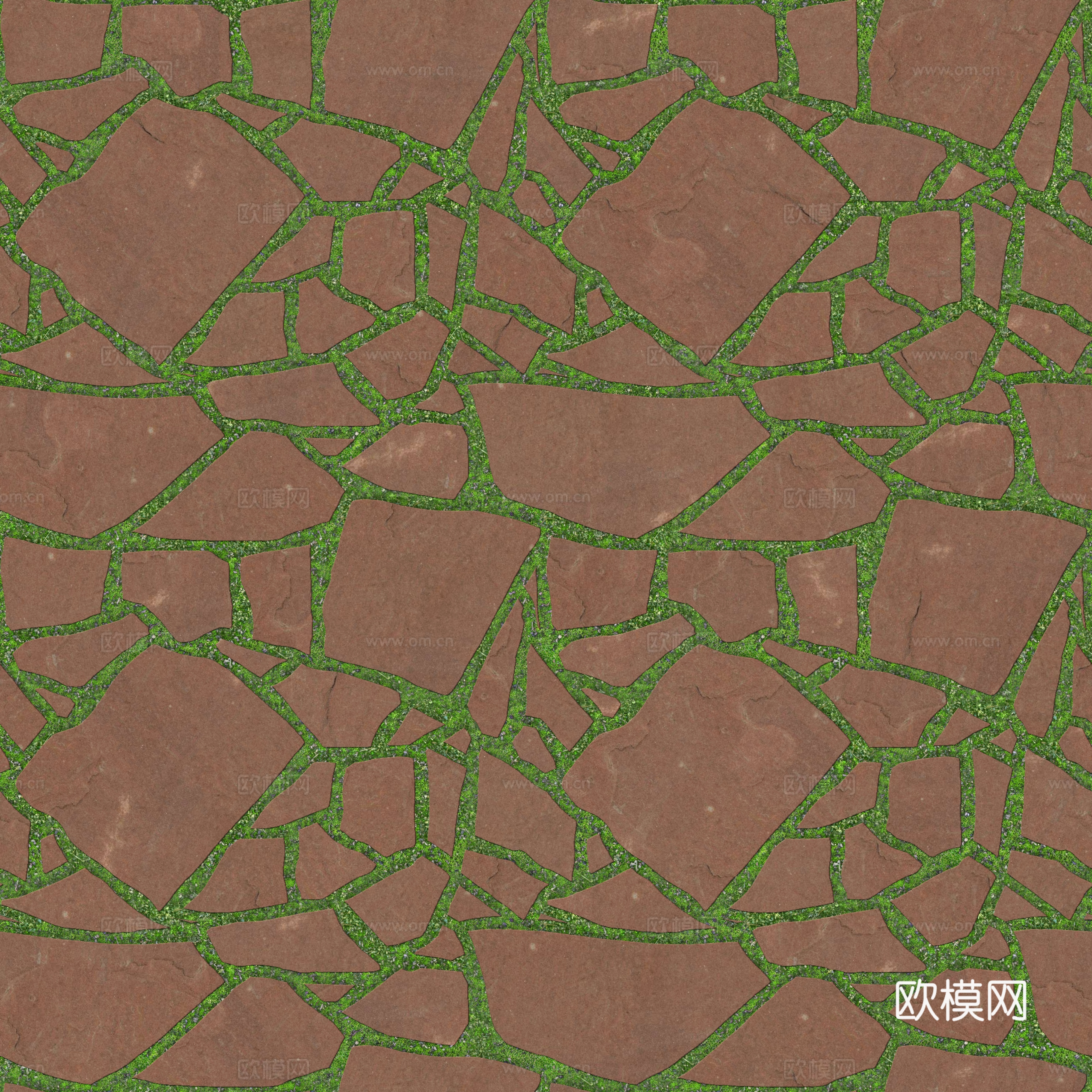 红色砂岩多边形石材嵌草铺地002