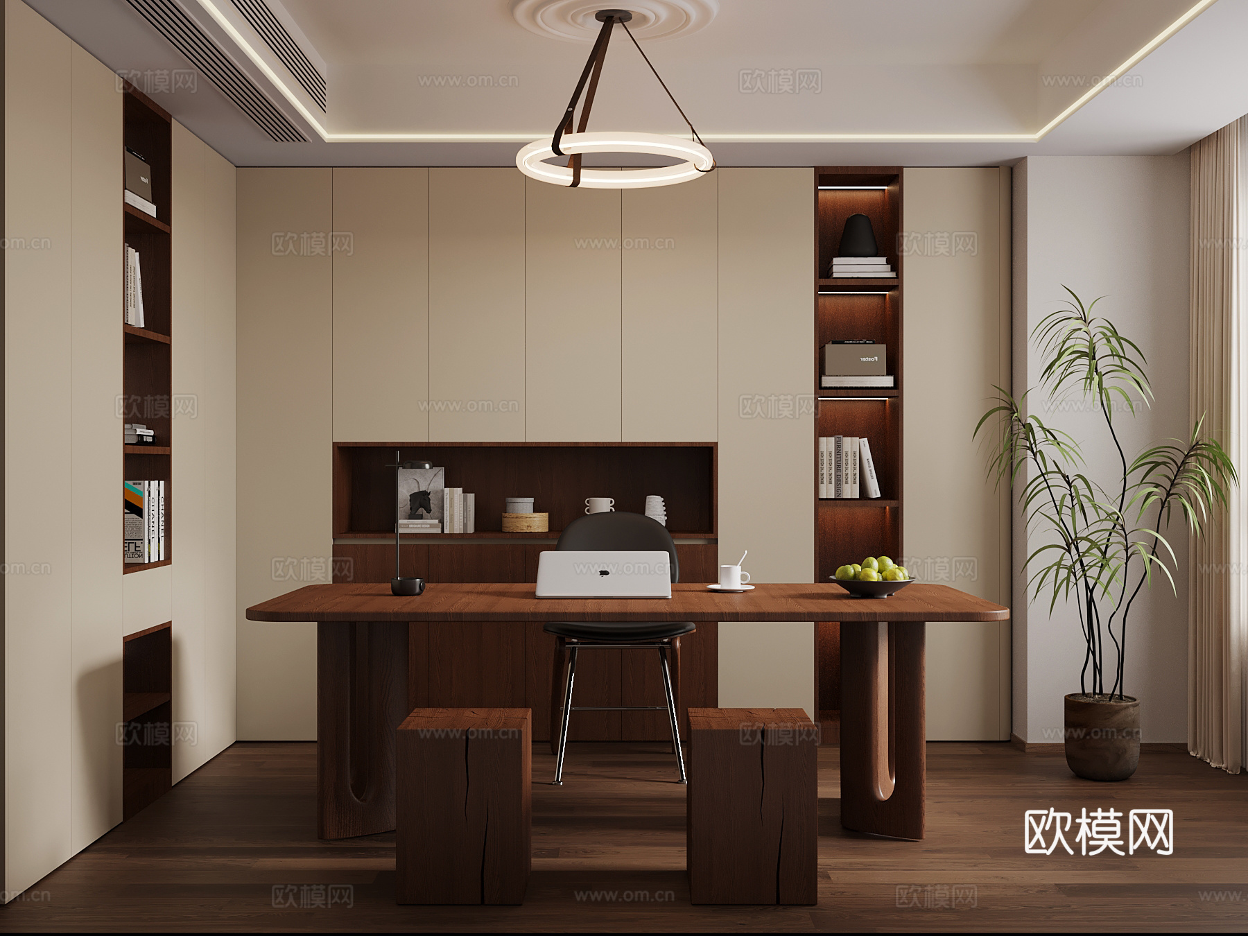 中古风书房 L型书柜 书桌椅su模型