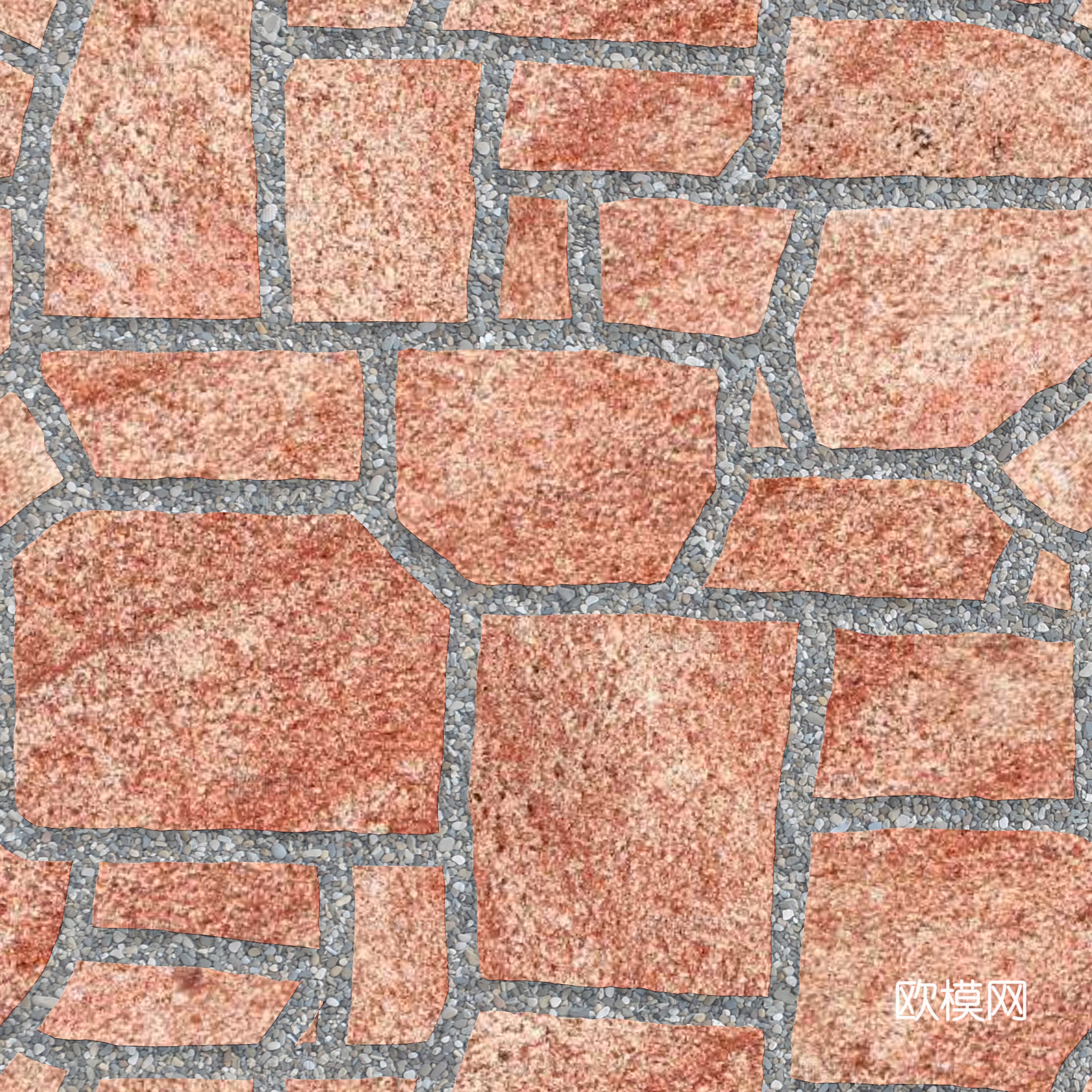 红色砂岩石材铺地-多边形石材铺地-石材嵌鹅卵石铺地18